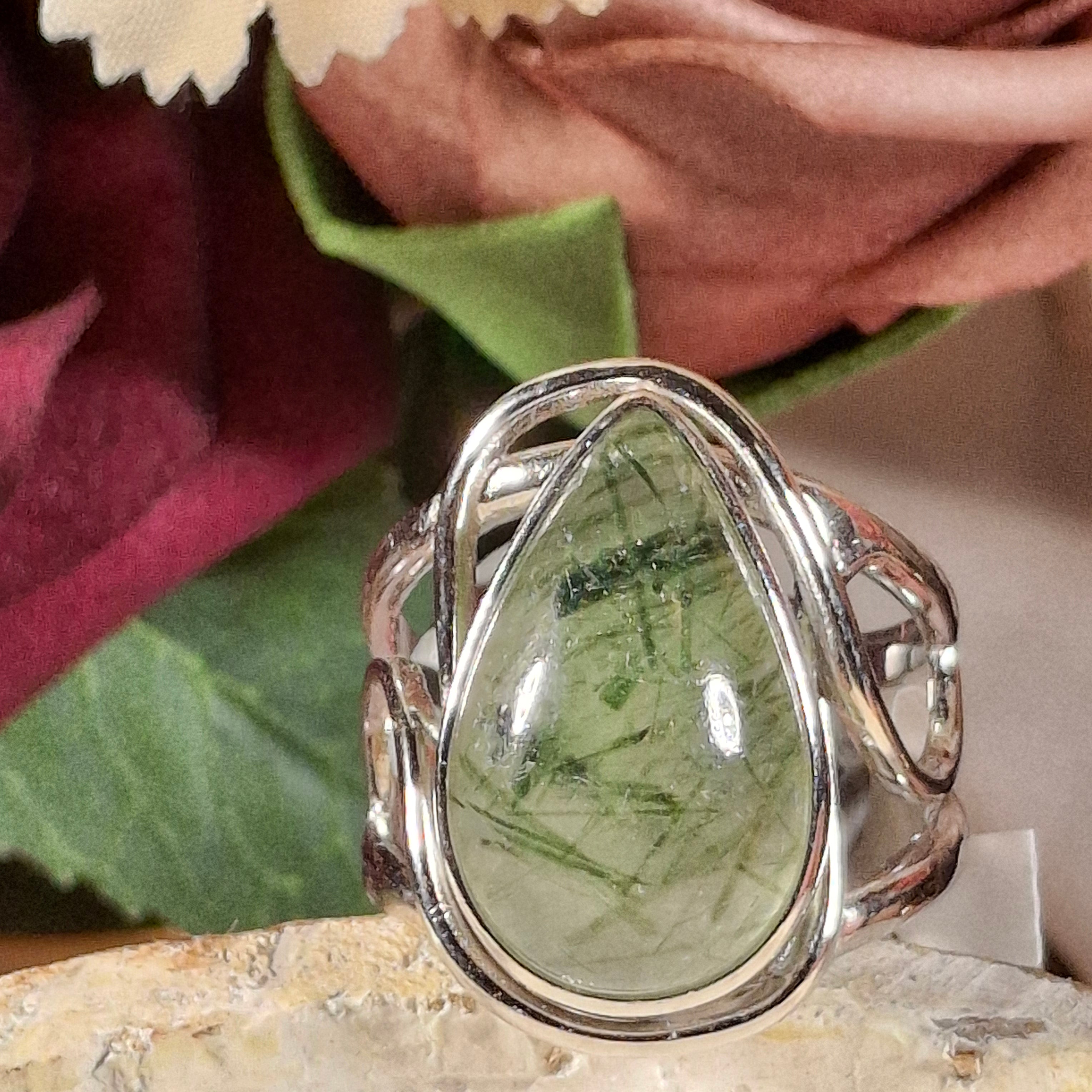 Green Rutile Adjustable Cuff Ring .925 Silver for Protection & Heart Healing