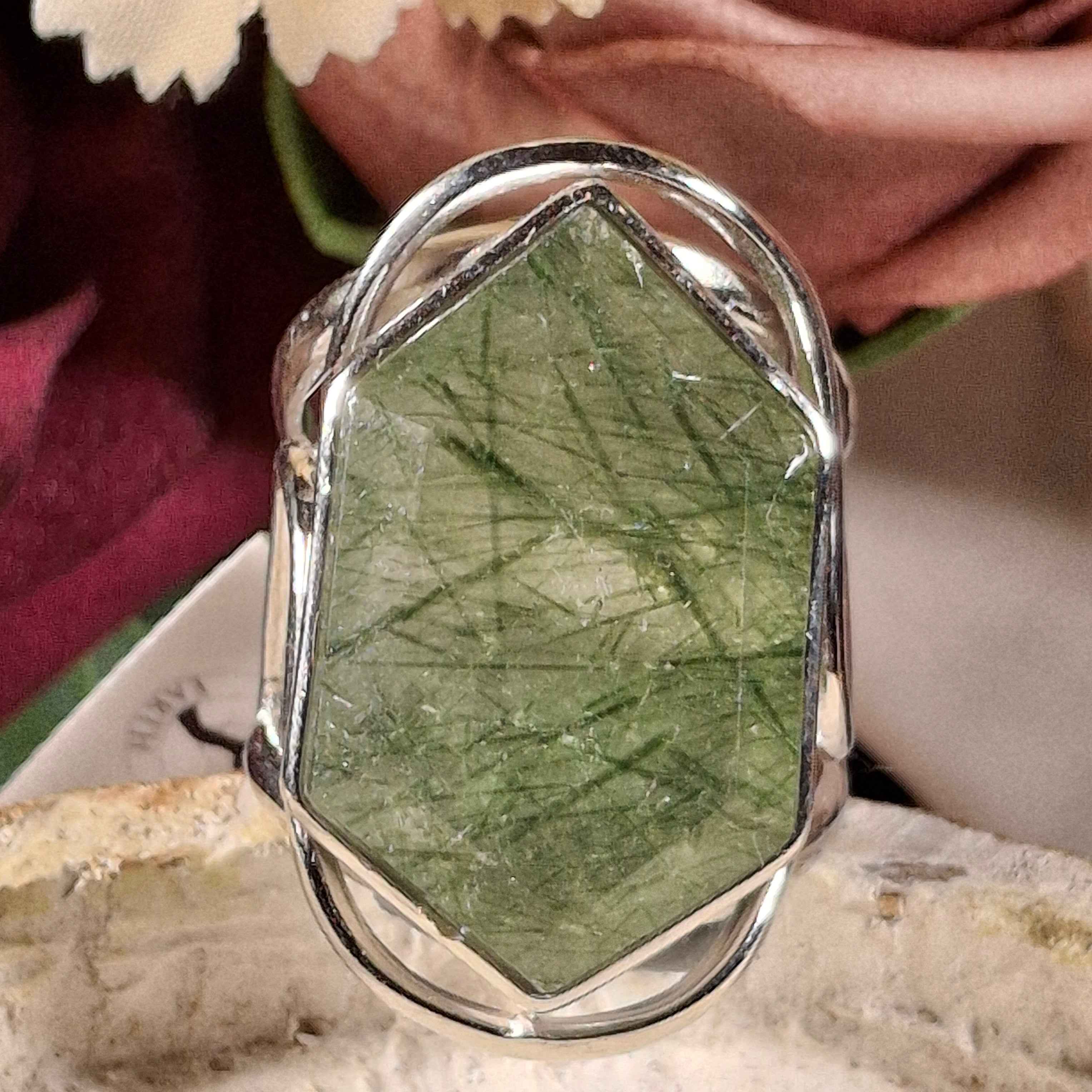 Green Rutile Adjustable Cuff Ring .925 Silver for Protection & Heart Healing