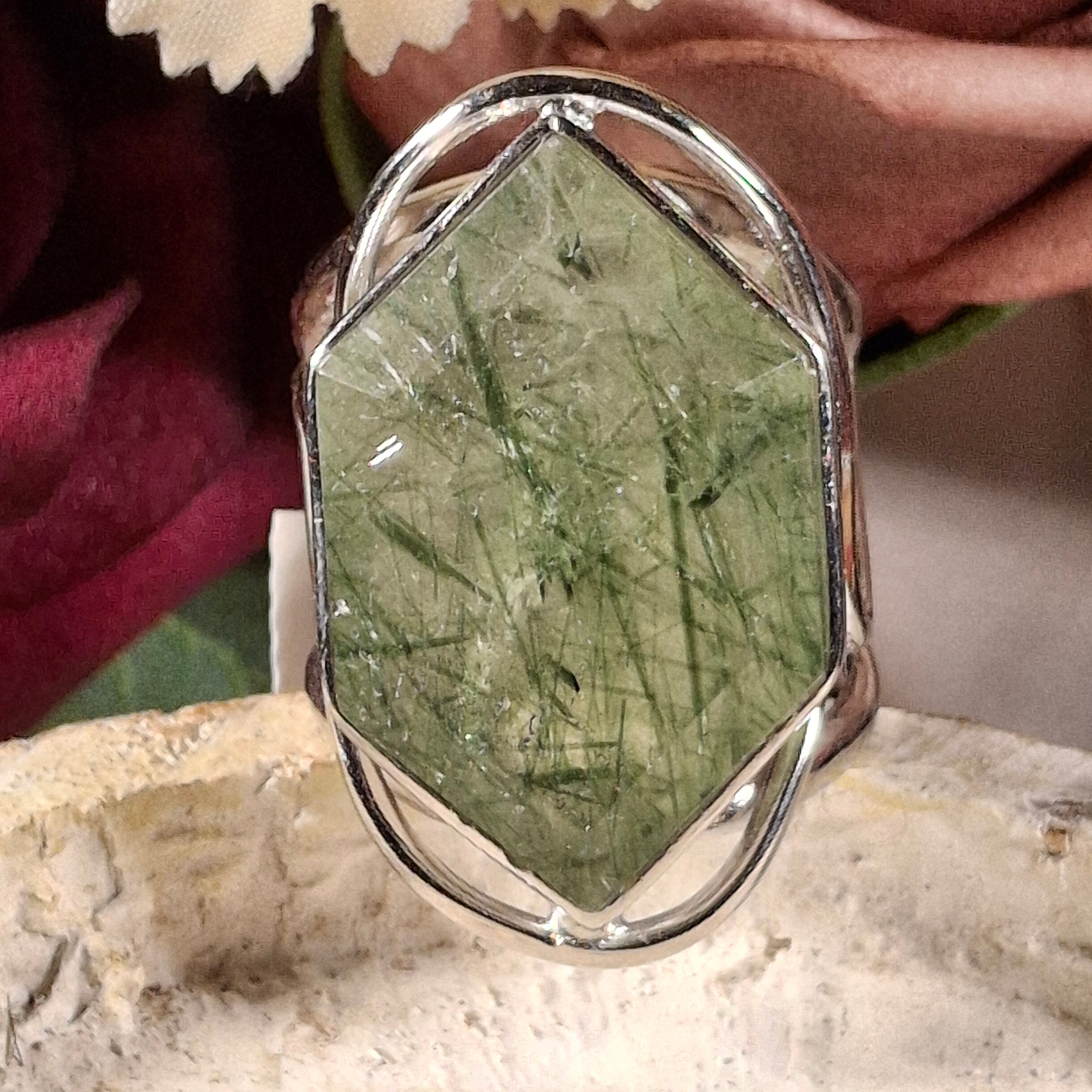 Green Rutile Adjustable Cuff Ring .925 Silver for Protection & Heart Healing