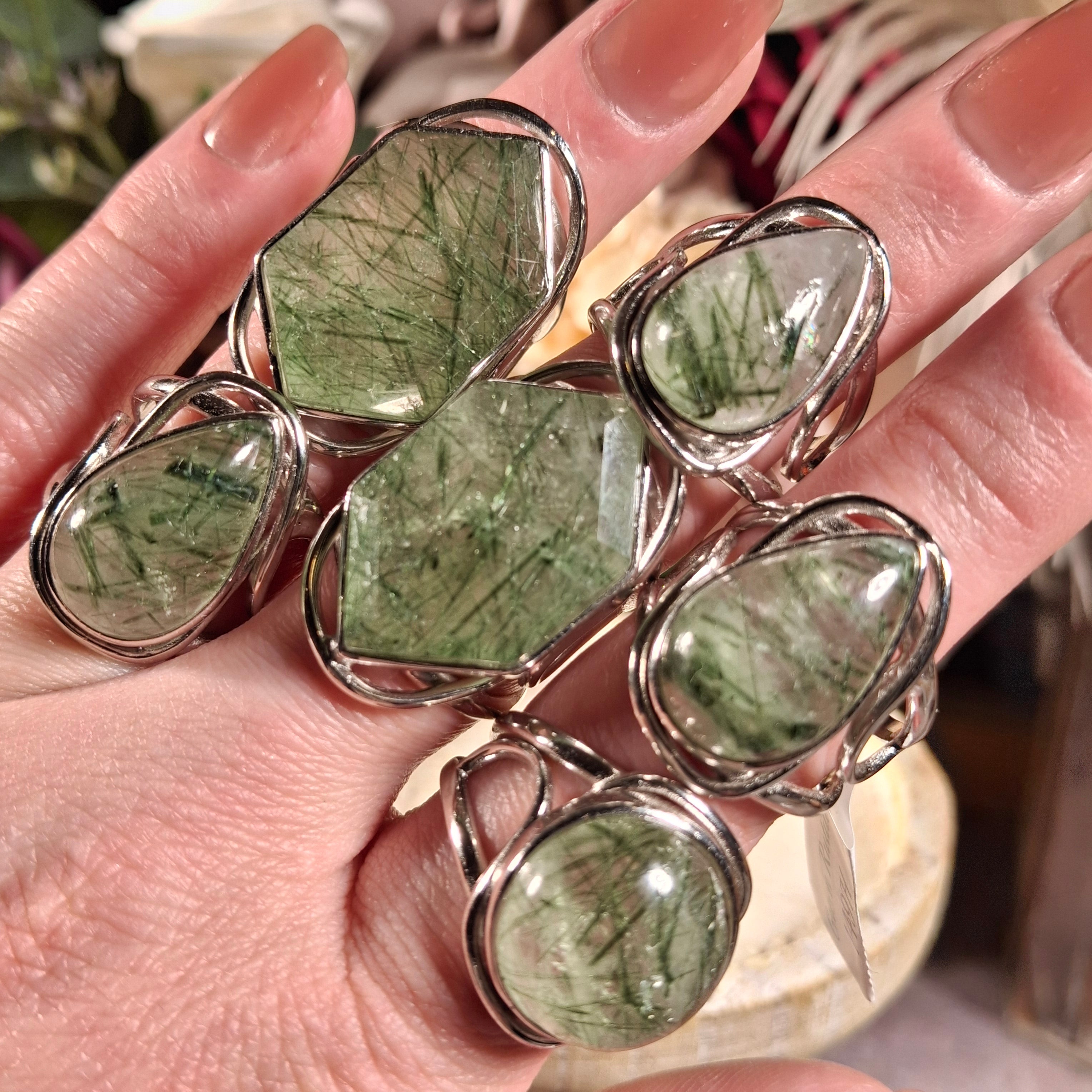 Green Rutile Adjustable Cuff Ring .925 Silver for Protection & Heart Healing