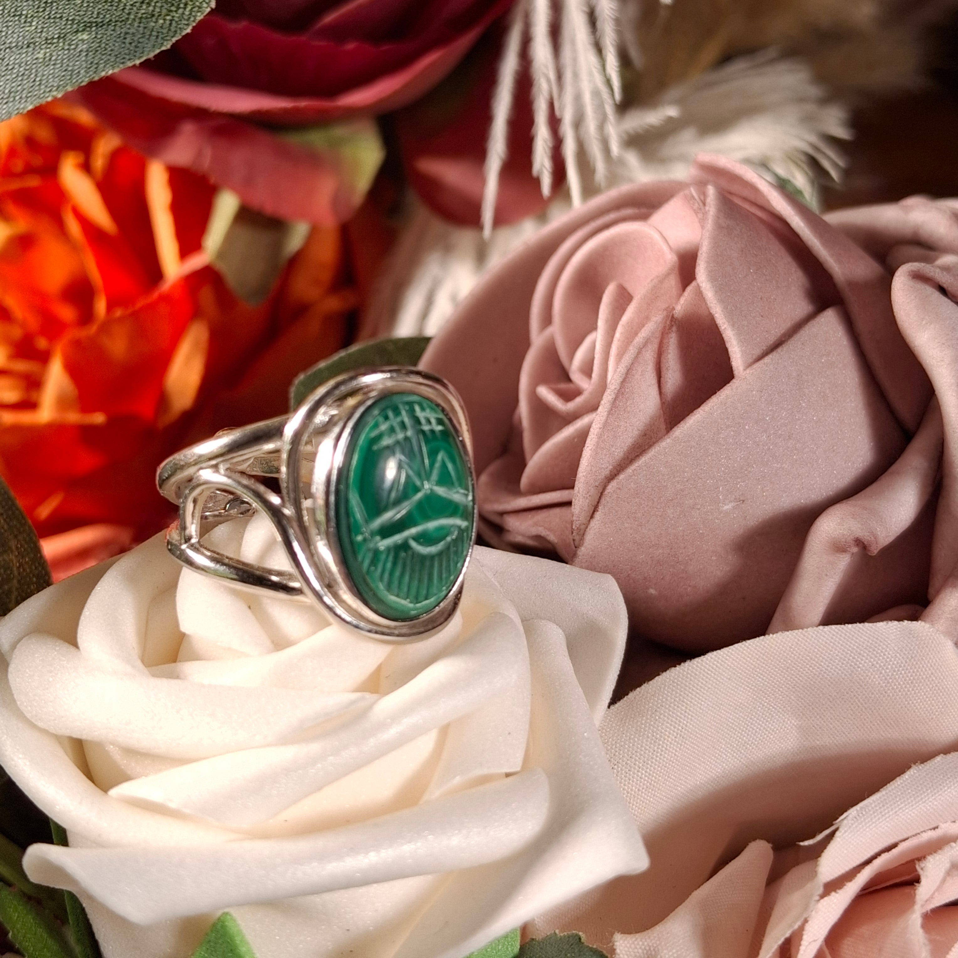 Malachite Scarab Cuff Ring .925 Silver for Love, Transformation and Wealth