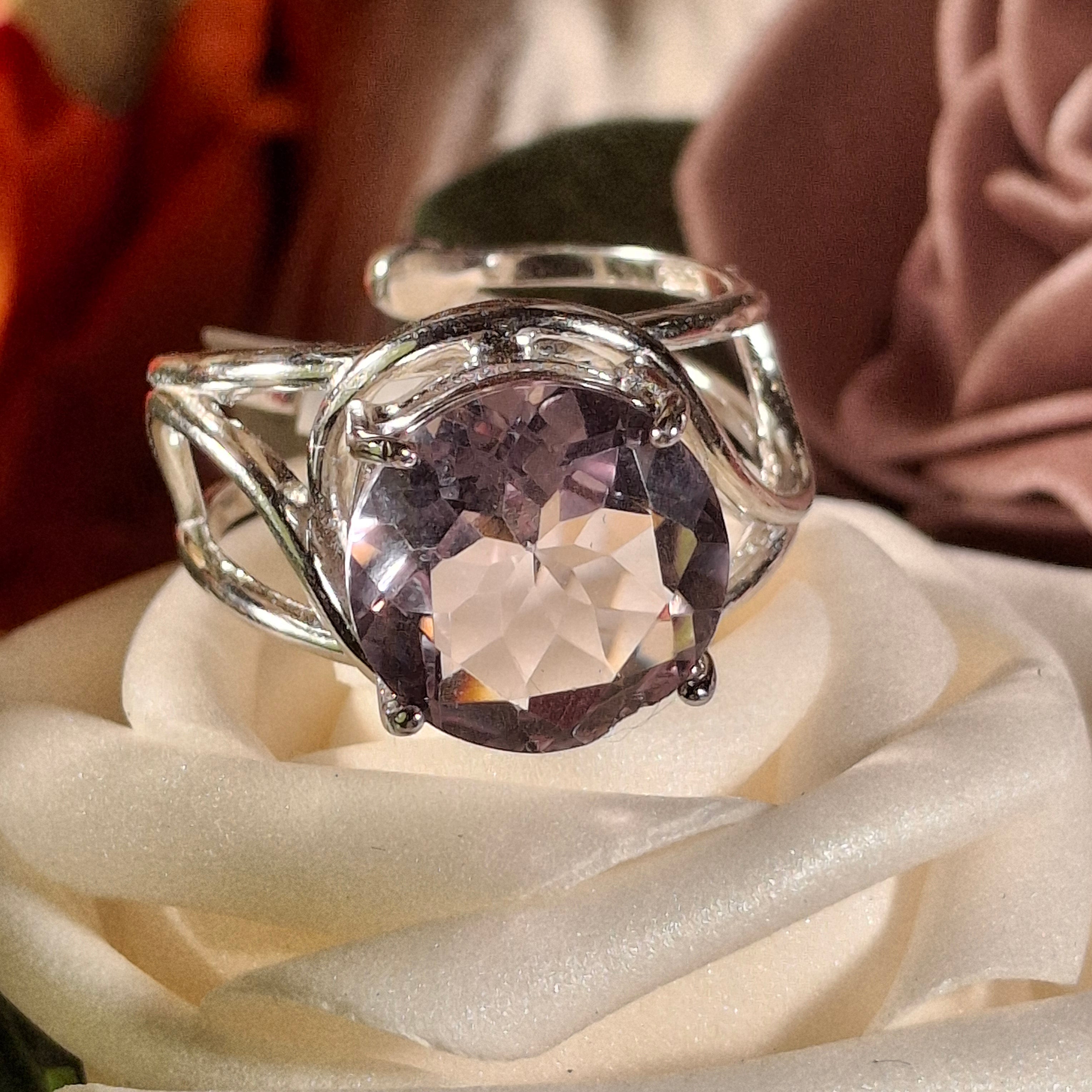 Rose De France Amethyst Cuff Ring .925 Silver for Enhancing Intuition & Connection with Divine