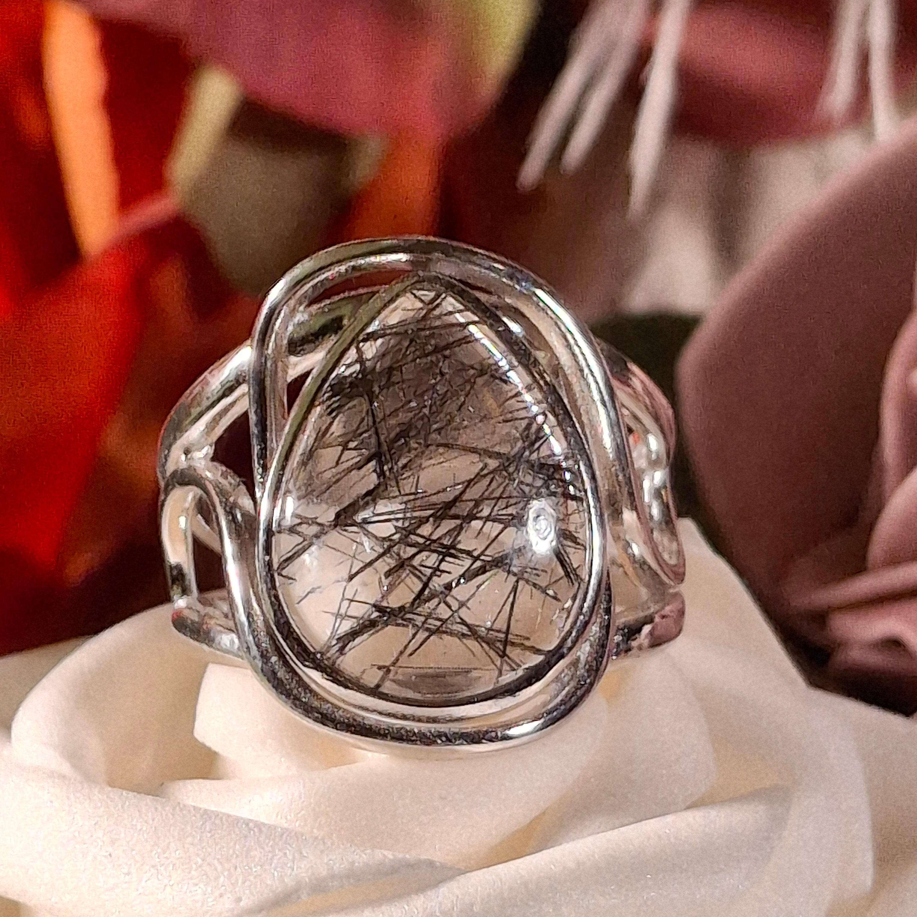 Black Tourmaline in Quartz Cuff Ring .925 Sterling Silver for Powerful Protection and Aura Cleansing