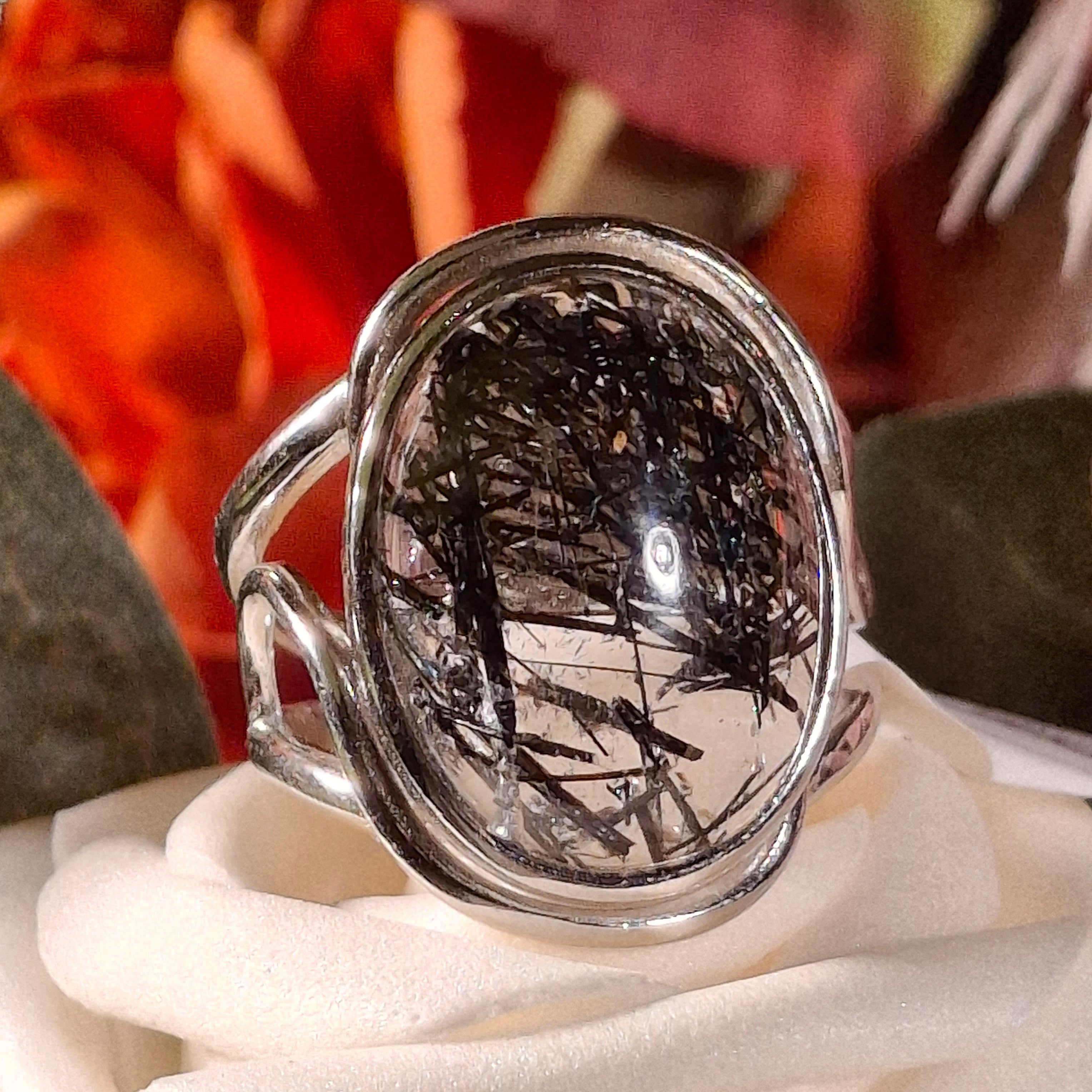 Black Tourmaline in Quartz Cuff Ring .925 Sterling Silver for Powerful Protection and Aura Cleansing