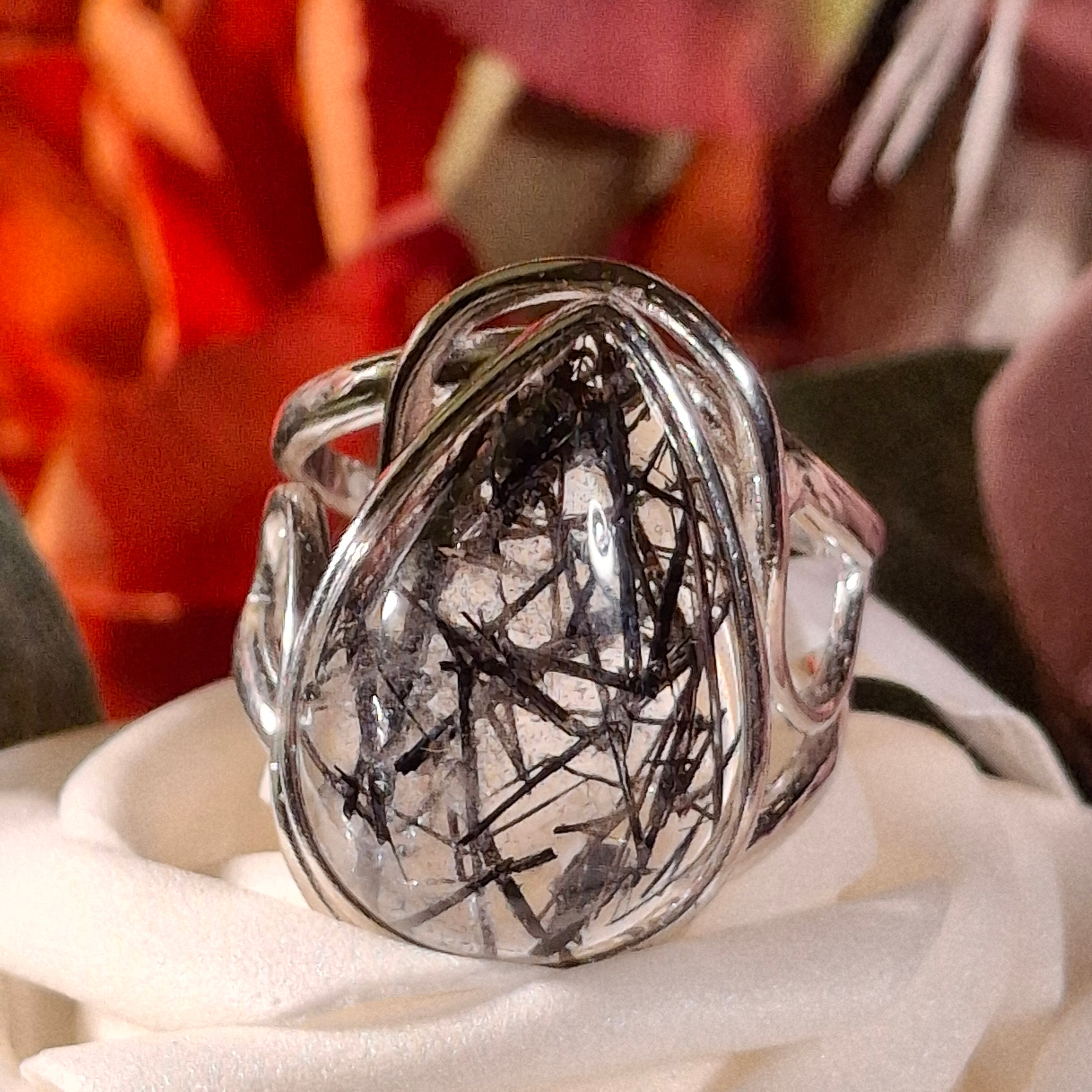 Black Tourmaline in Quartz Cuff Ring .925 Sterling Silver for Powerful Protection and Aura Cleansing