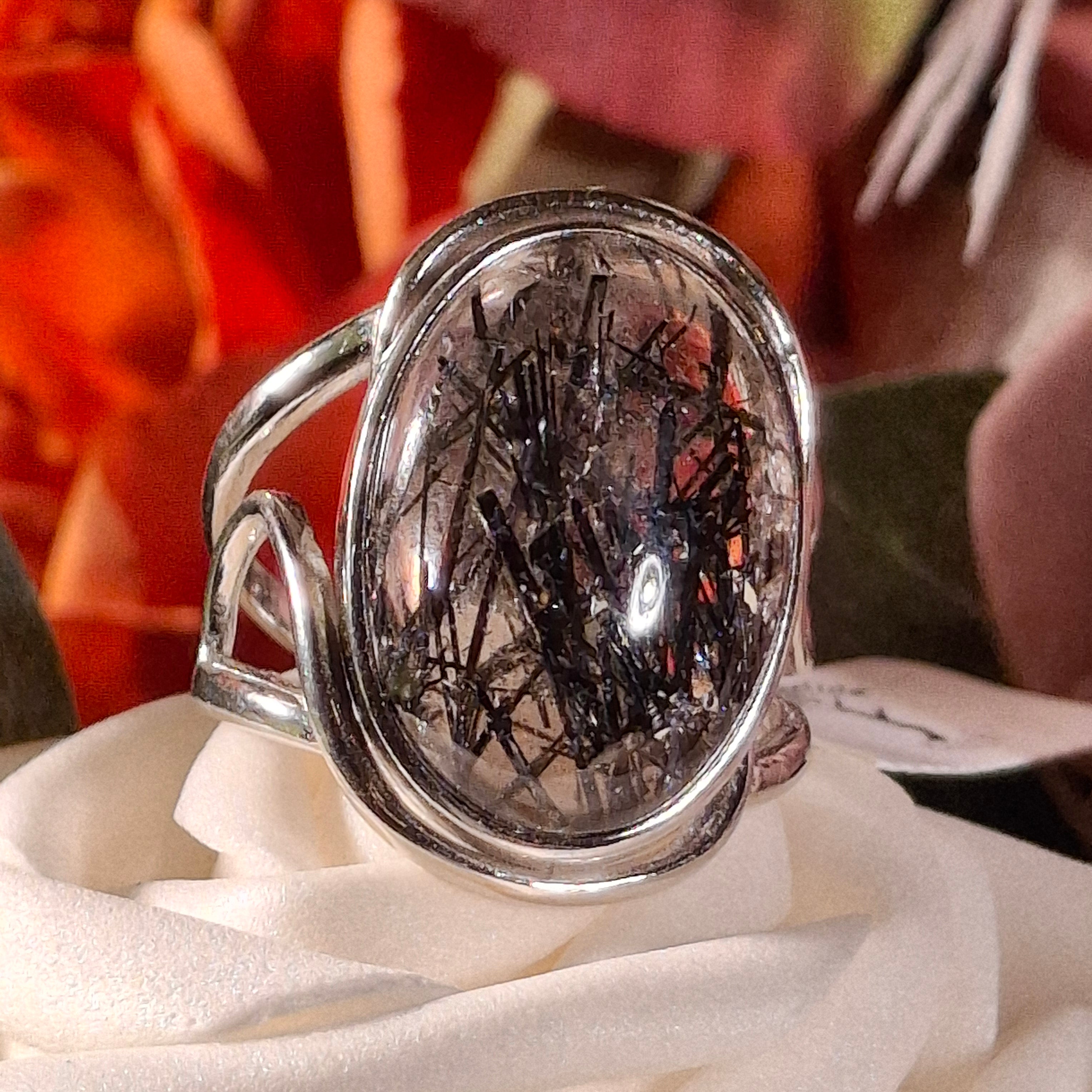 Black Tourmaline in Quartz Cuff Ring .925 Sterling Silver for Powerful Protection and Aura Cleansing