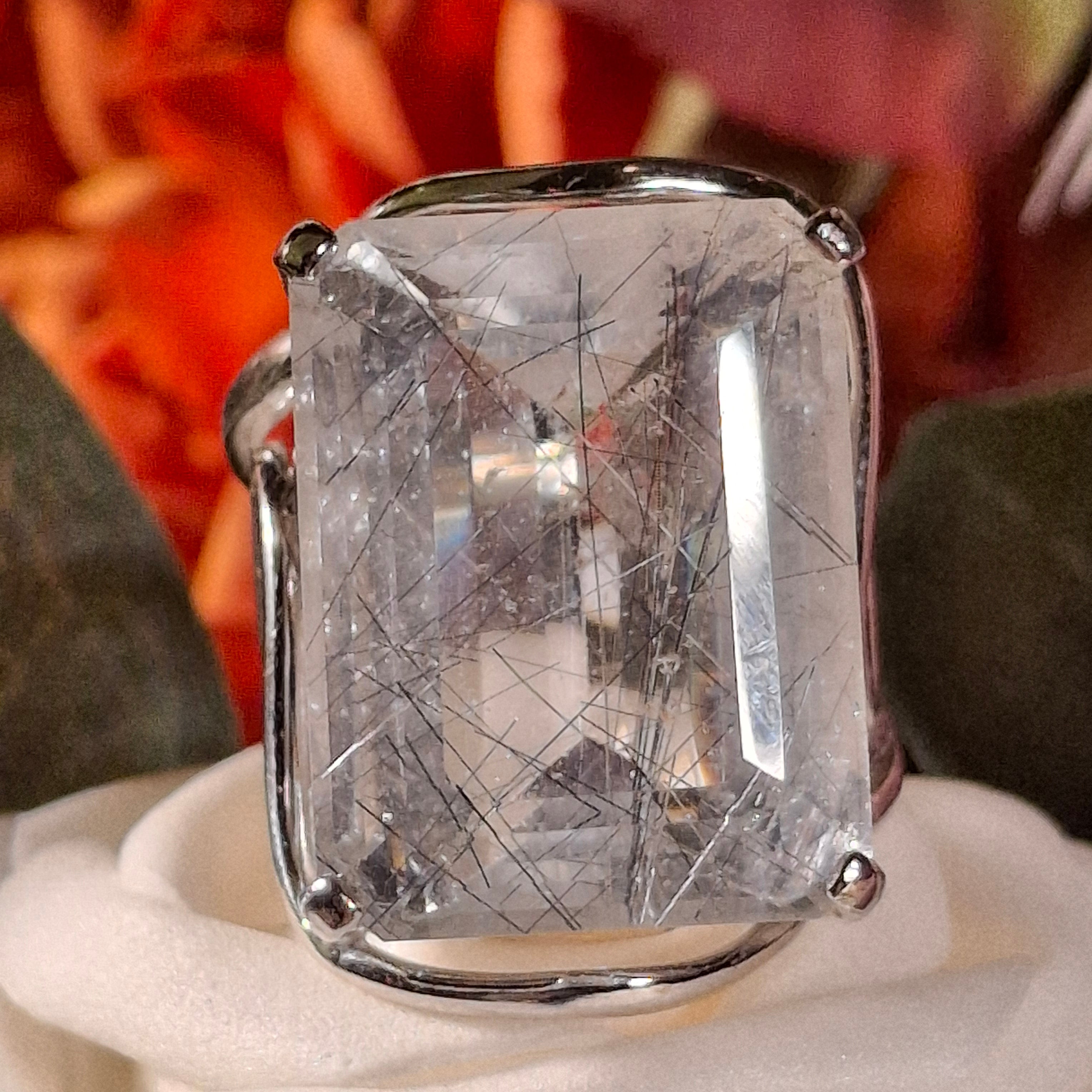 Black Tourmaline in Quartz Cuff Ring .925 Sterling Silver for Powerful Protection and Aura Cleansing