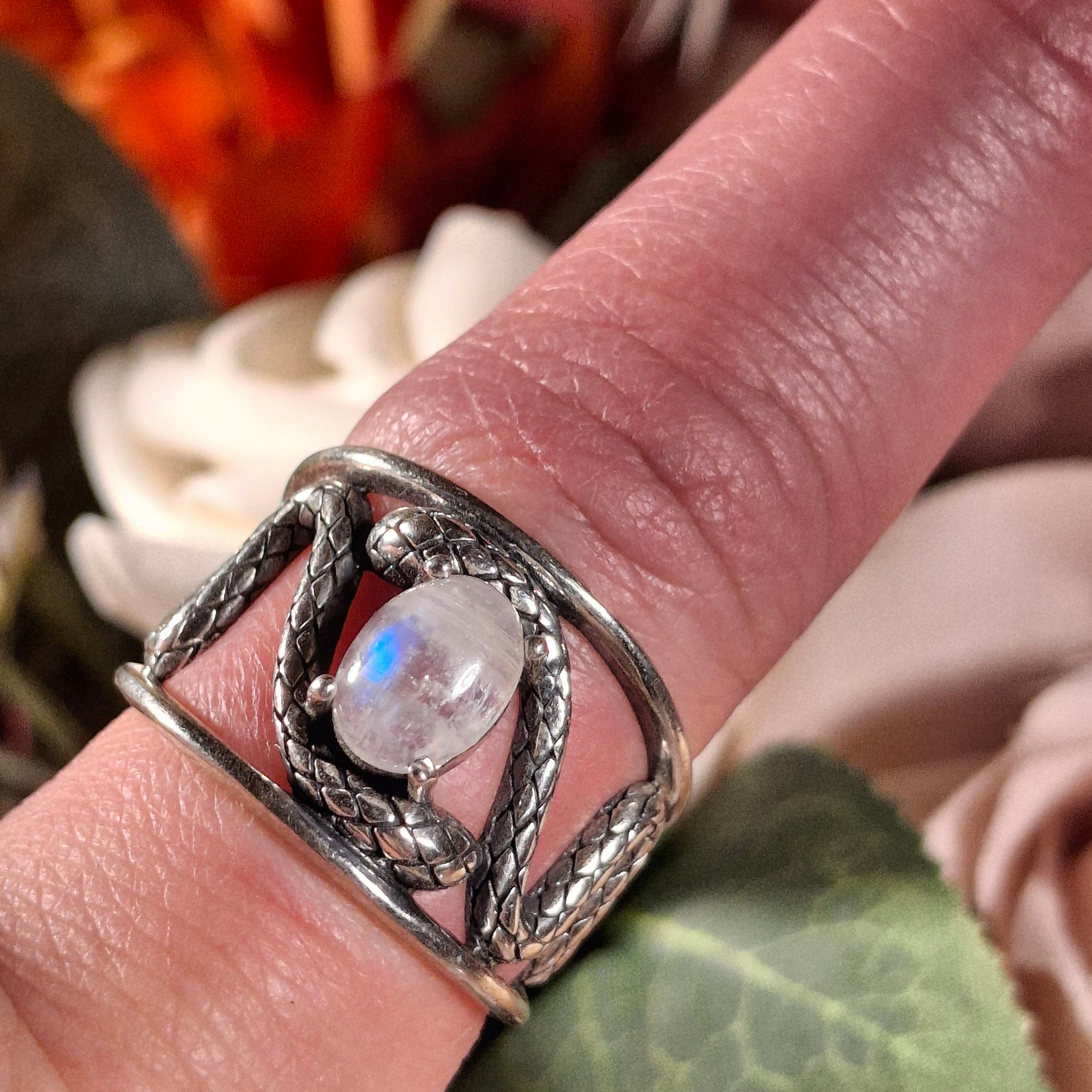 Rainbow Moonstone Serpent Cuff Ring .925 Silver for New Beginnings, Protection and Manifestation