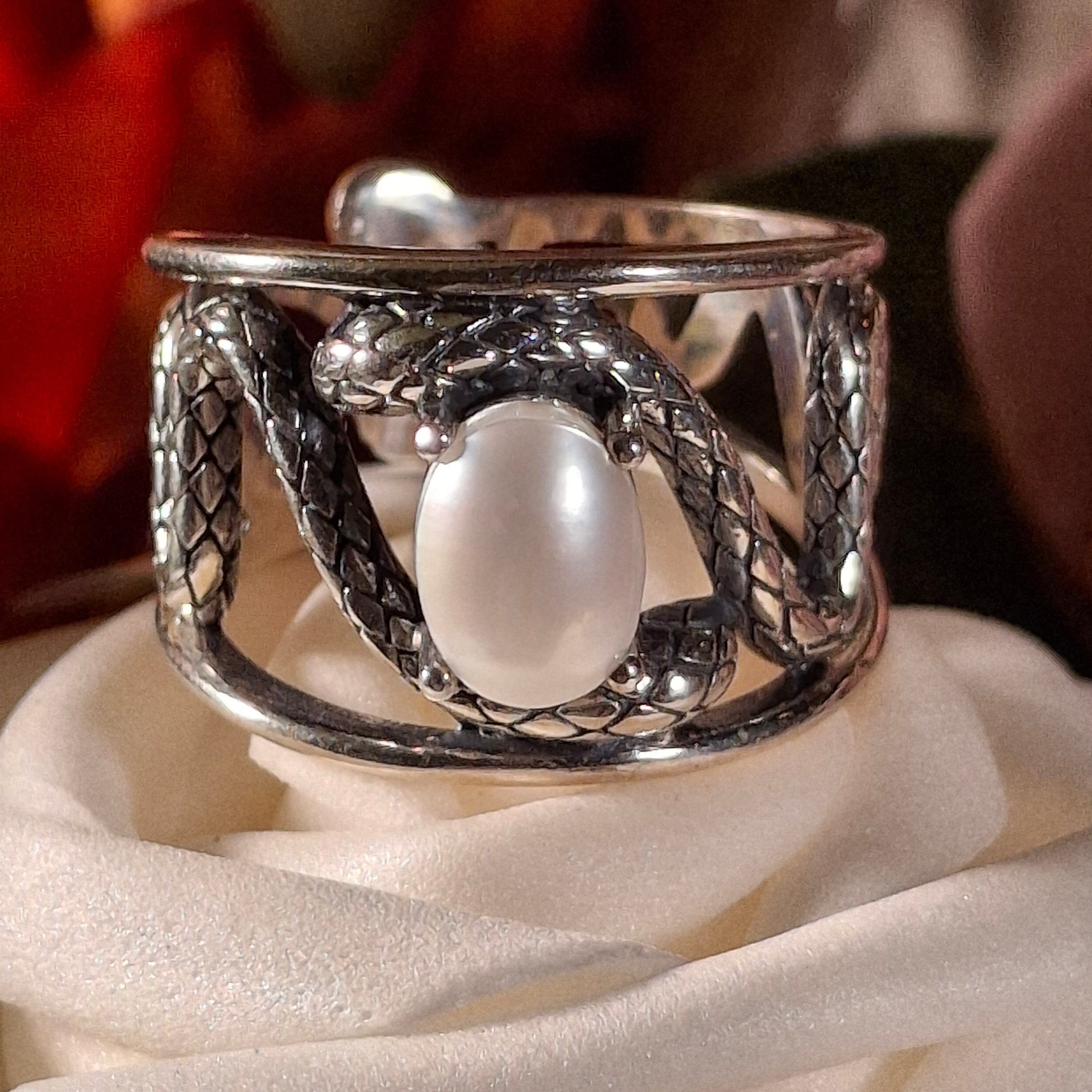 Mother of Pearl Serpent Cuff Ring .925 Silver for Calm Emotions, Intuition and Stress Relief