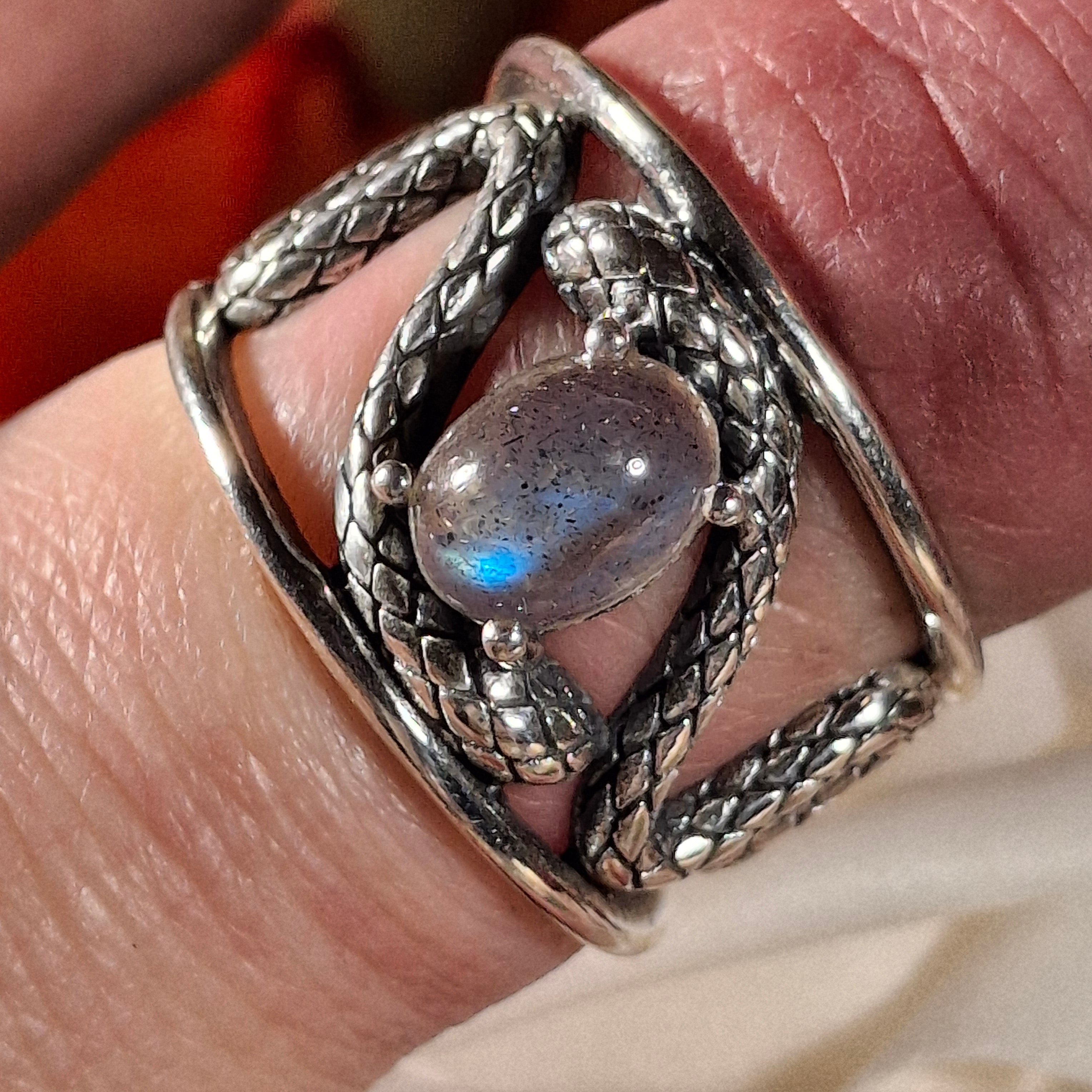 Labradorite Serpent Cuff Ring Adjustable Ring .925 Silver for Protection and Guidance