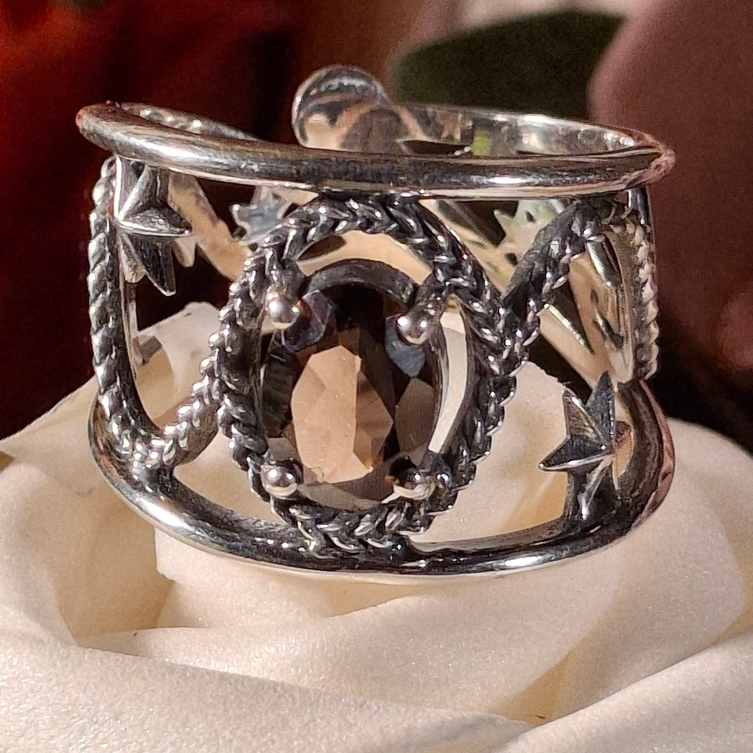 Smokey Quartz Dreamweaver Cuff Ring .925 Silver for Grounding and Protection