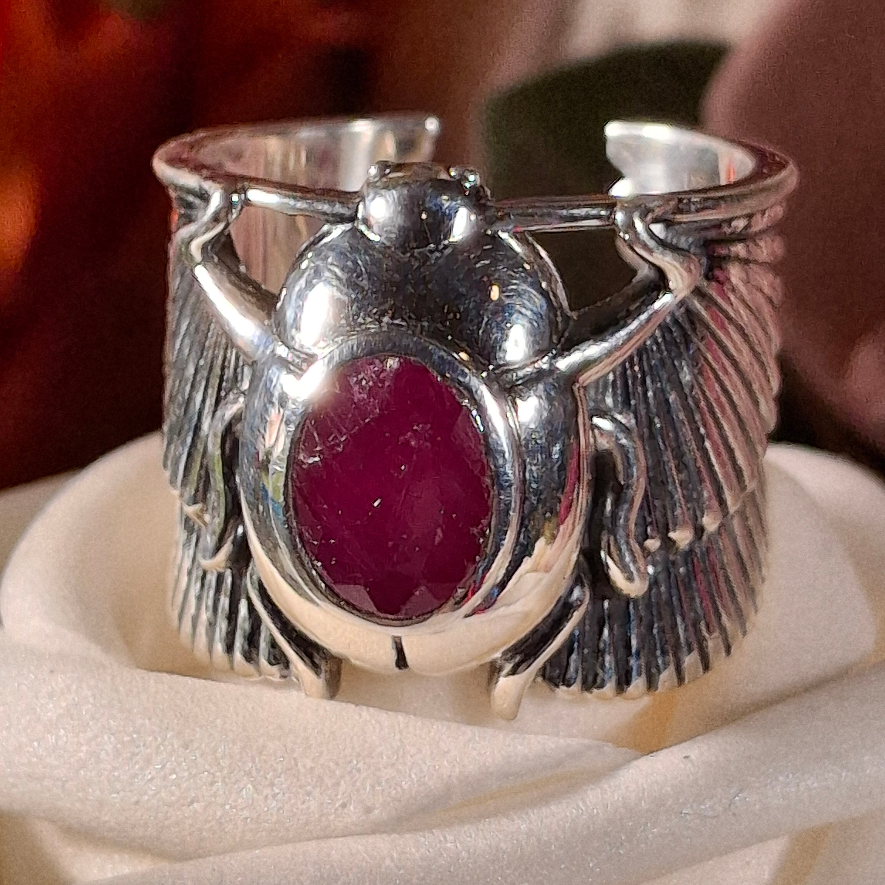 Ruby Scarab Adjustable Cuff Ring Ring .925 Silver for Empowerment, Love and Passion