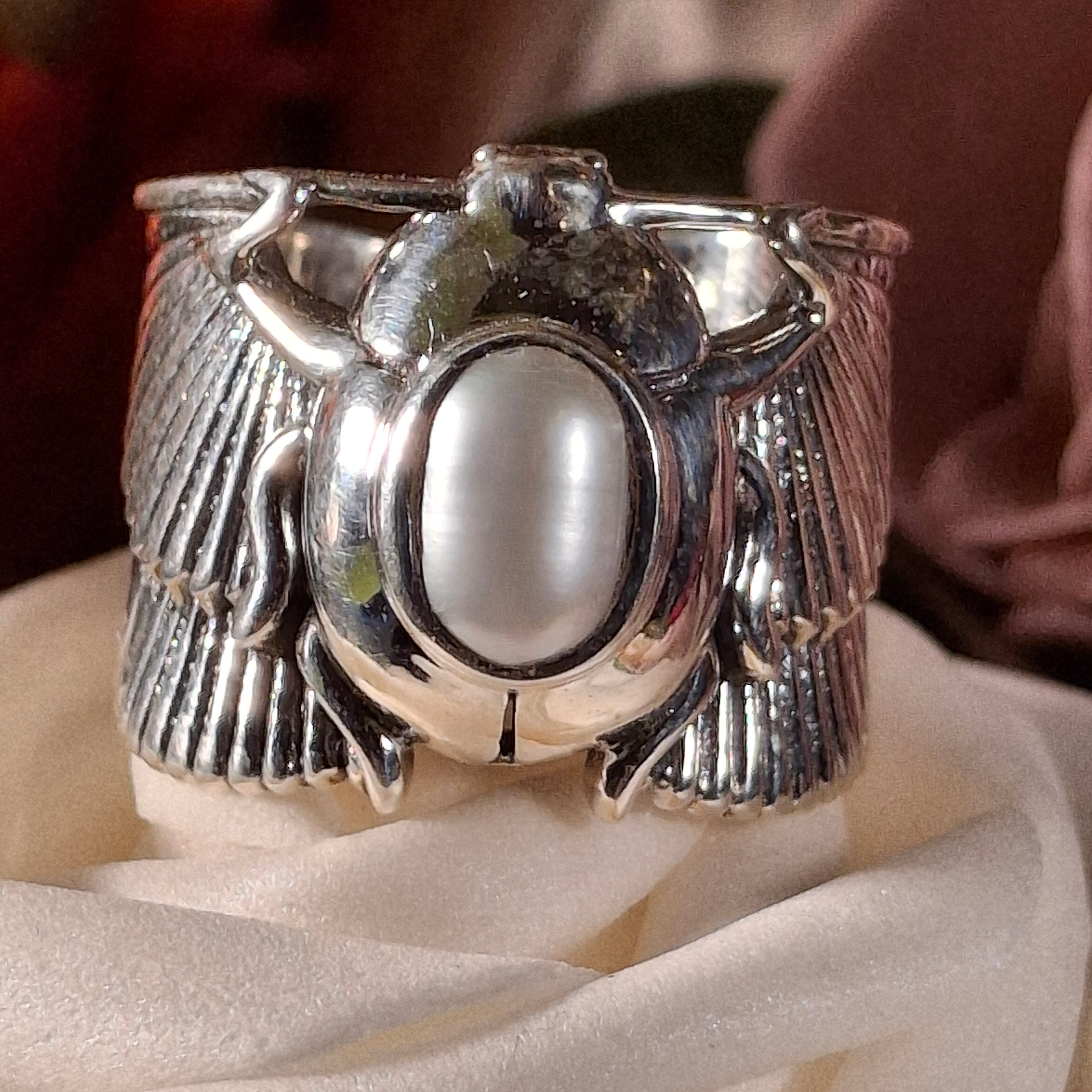 Mother of Pearl Scarab Cuff Ring .925 Silver for Calm Emotions, Intuition and Stress Relief