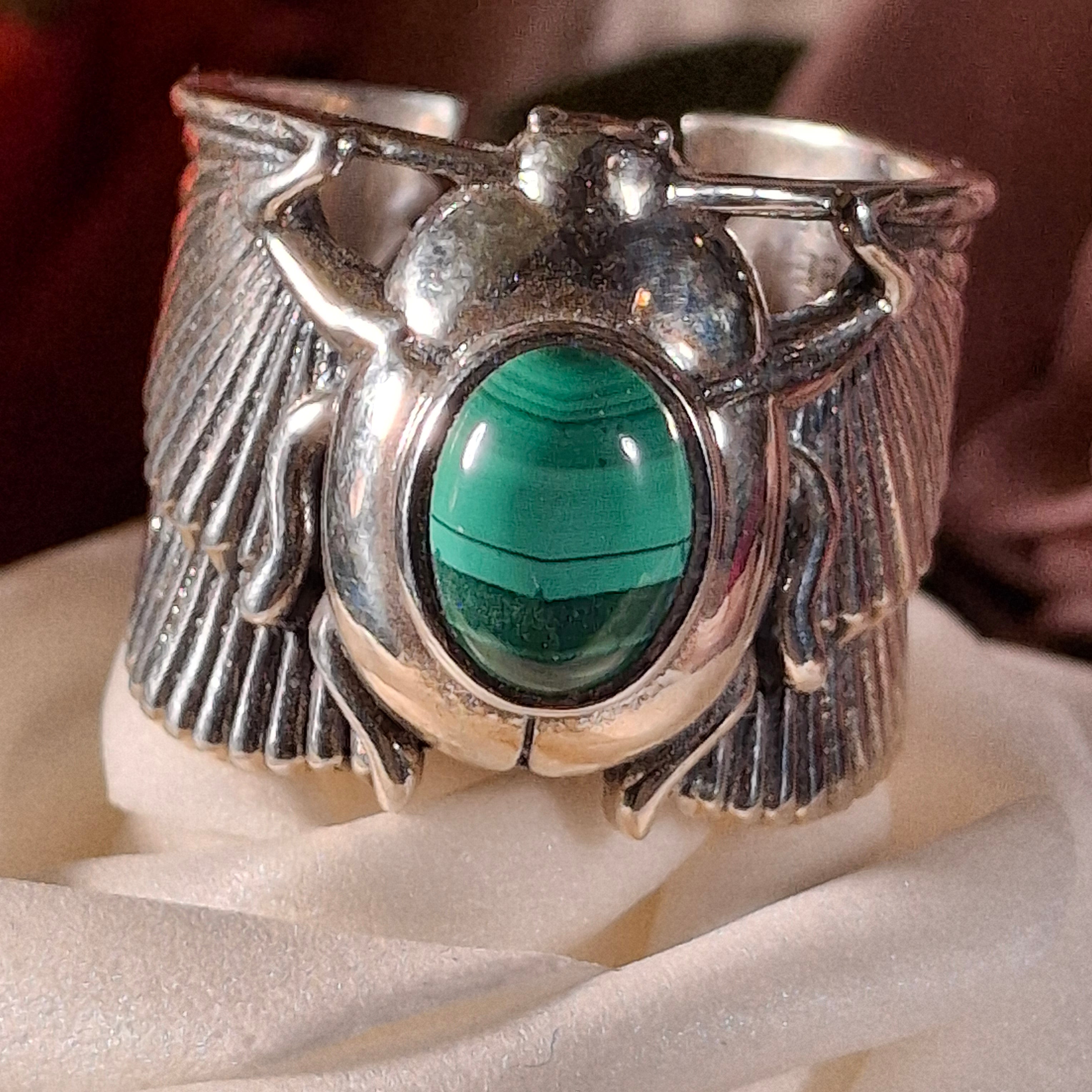 Malachite Scarab Adjustable Cuff Ring .925 Silver for Love, Transformation and Wealth