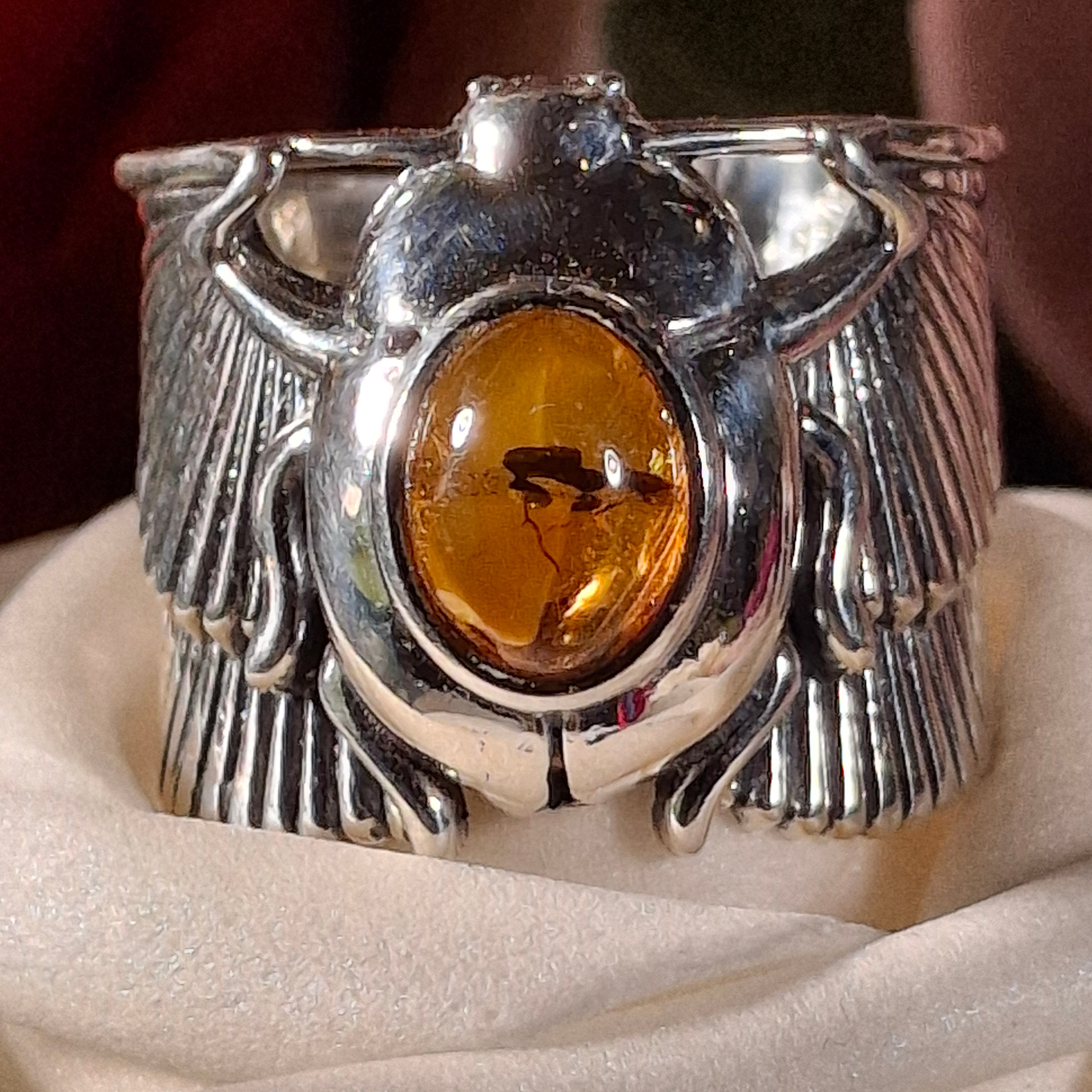 Baltic Amber Scarab Adjustable Cuff Ring .925 Silver for Healing, Joy and Purification