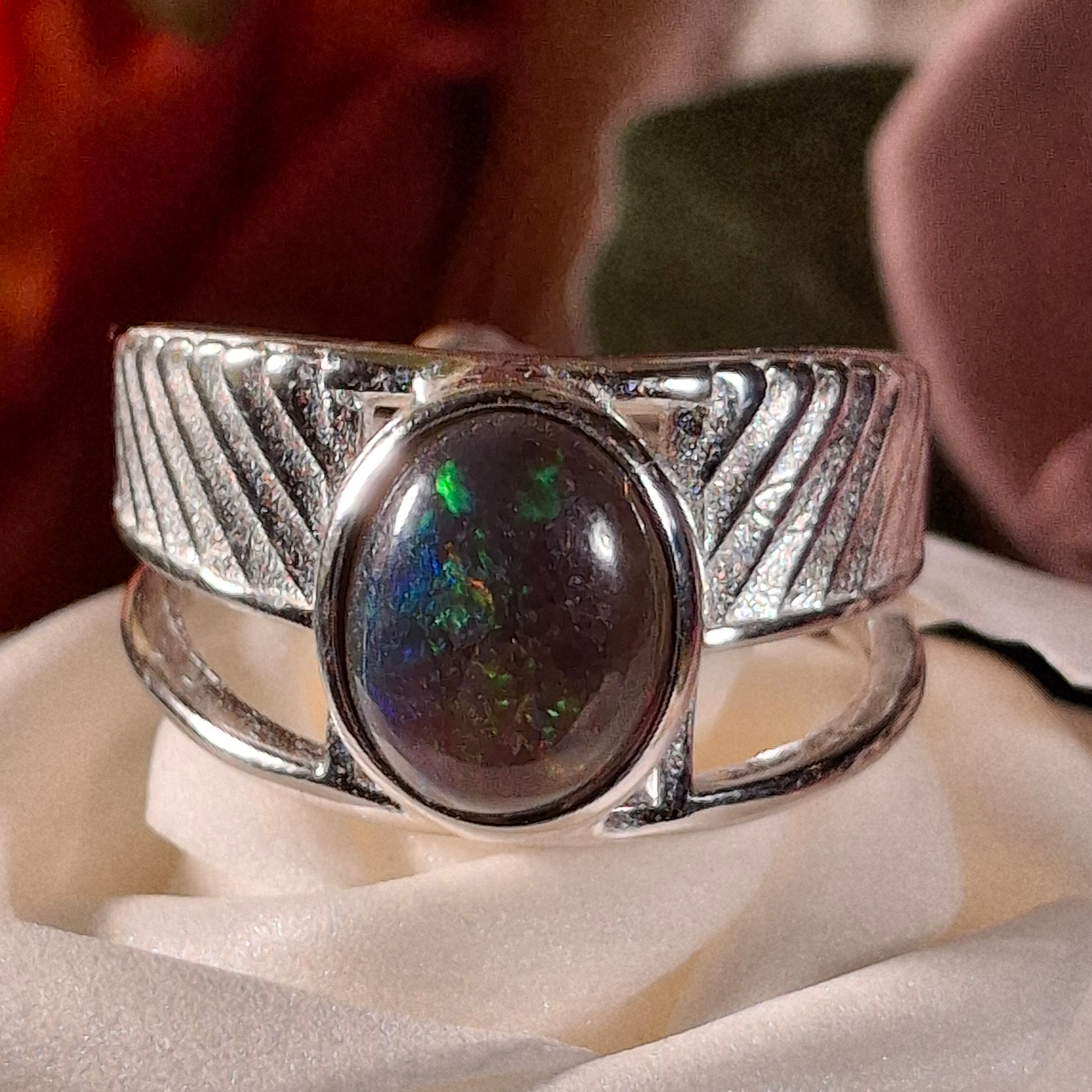 Black Opal Wings of Isis Cuff Ring .925 Silver for Abundance, Protection and Manifesting your Dreams