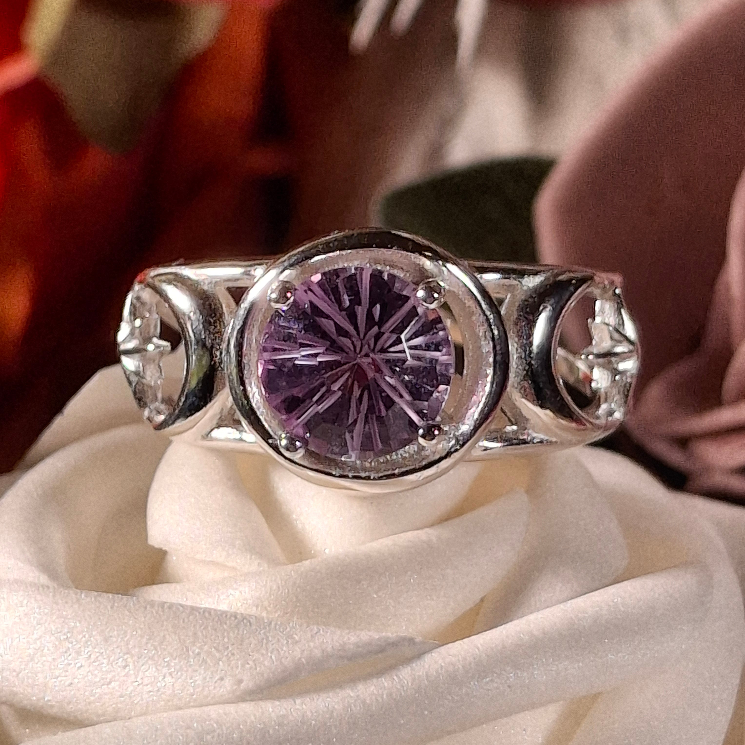 Faceted Amethyst Triple Moon Cuff Ring .925 Silver for Enhancing Intuition & Connection with Divine