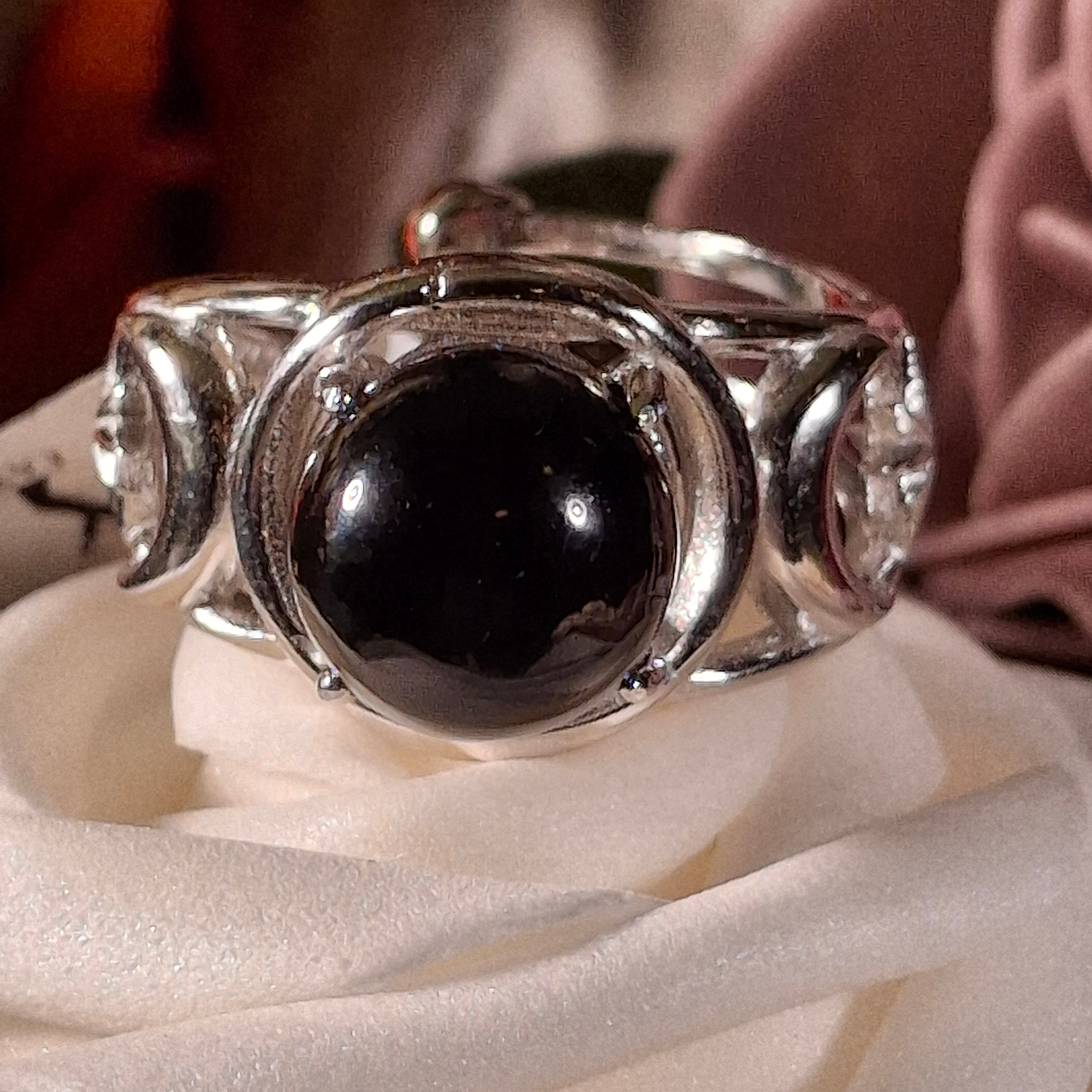 Black Obsidian Triple Moon Cuff Ring .925 Silver for Powerful Protection and Rising Above