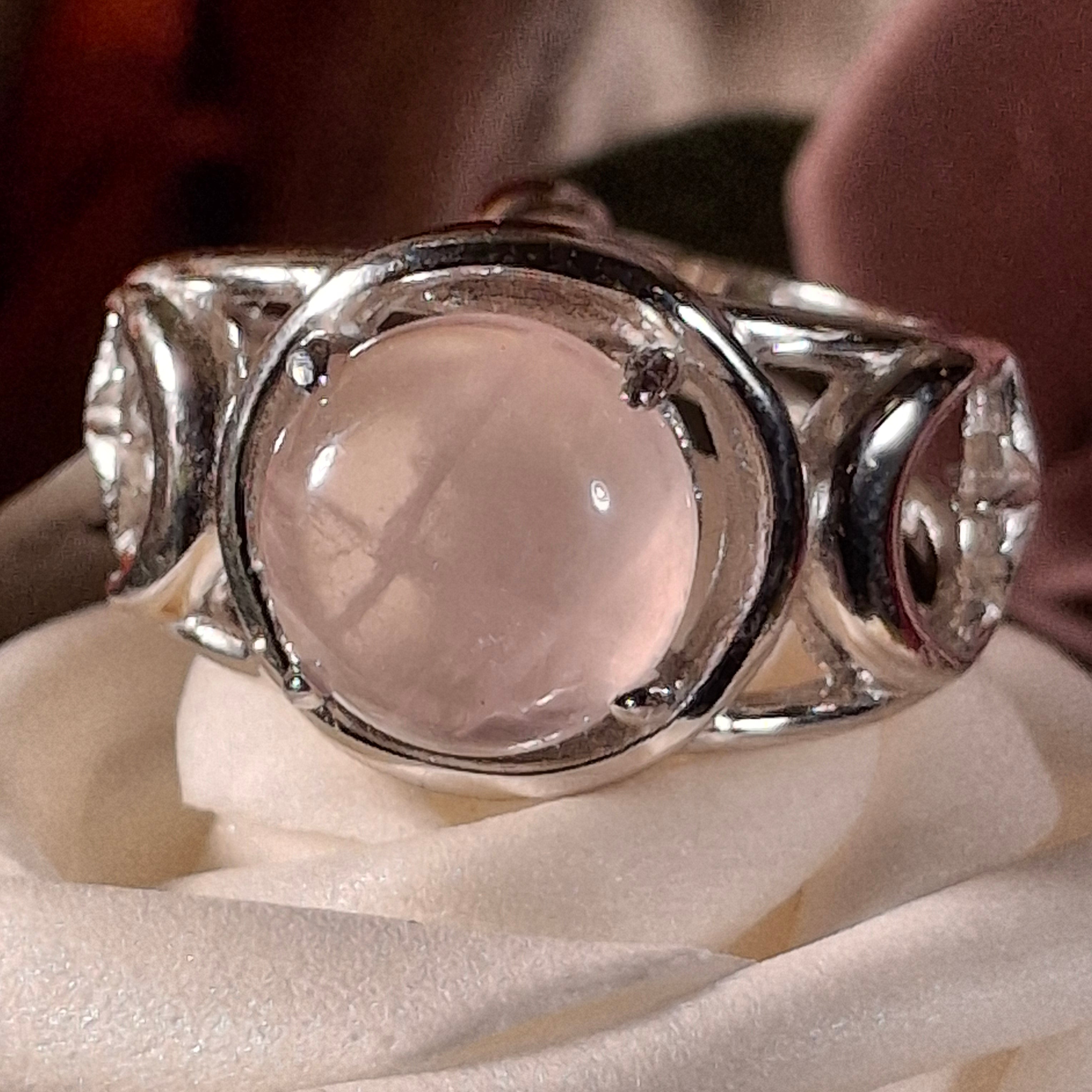 Rose Quartz Triple Moon Cuff Ring .925 Silver for Compassion and Self Love