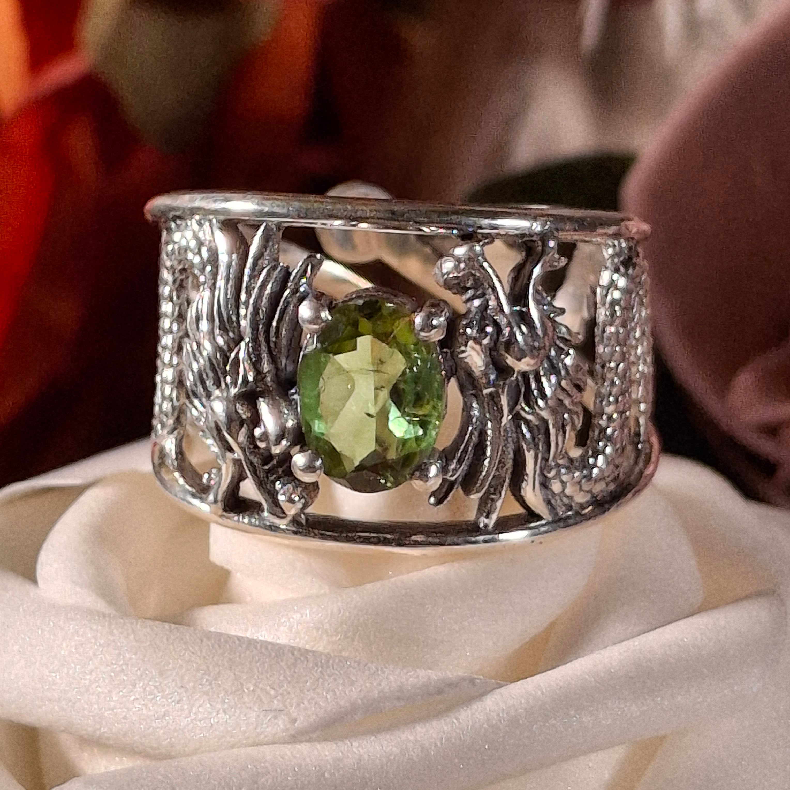 Green Tourmaline Dragon Cuff Ring .925 Silver for Healing, Joy and Love