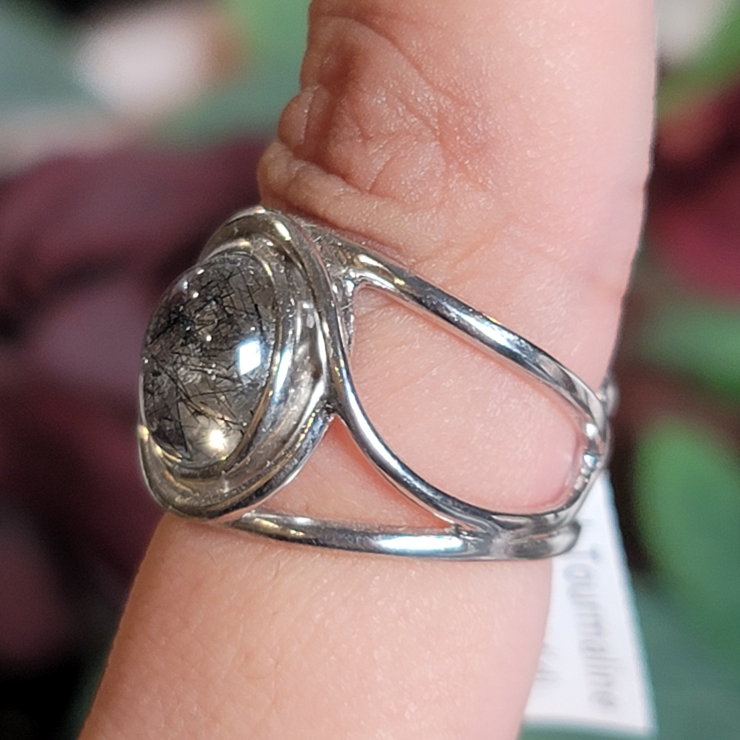 Black Tourmaline in Quartz Midi Cuff Ring .925 Sterling Silver for Powerful Protection and Aura Cleansing