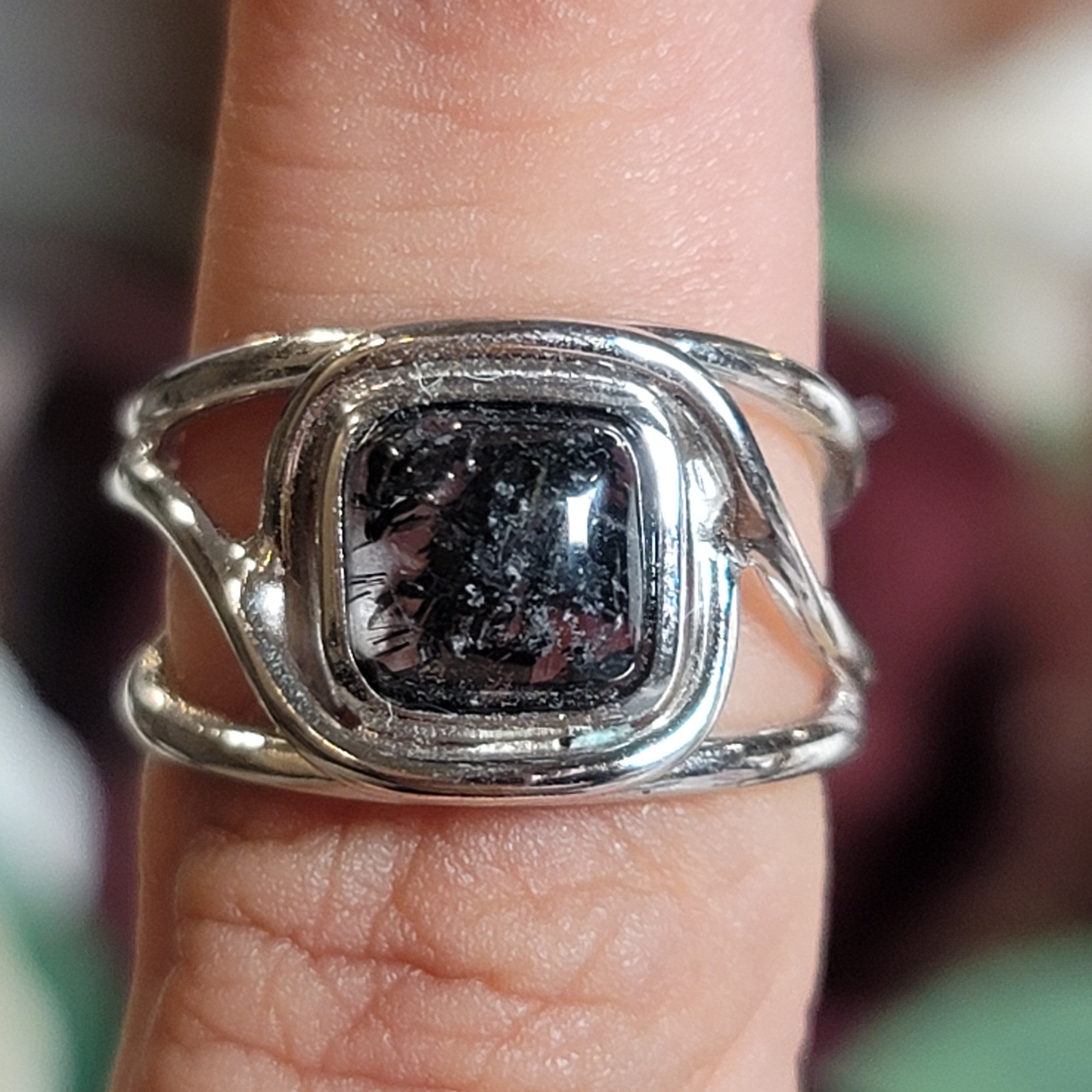 Black Tourmaline in Quartz Midi Cuff Ring .925 Sterling Silver for Powerful Protection and Aura Cleansing