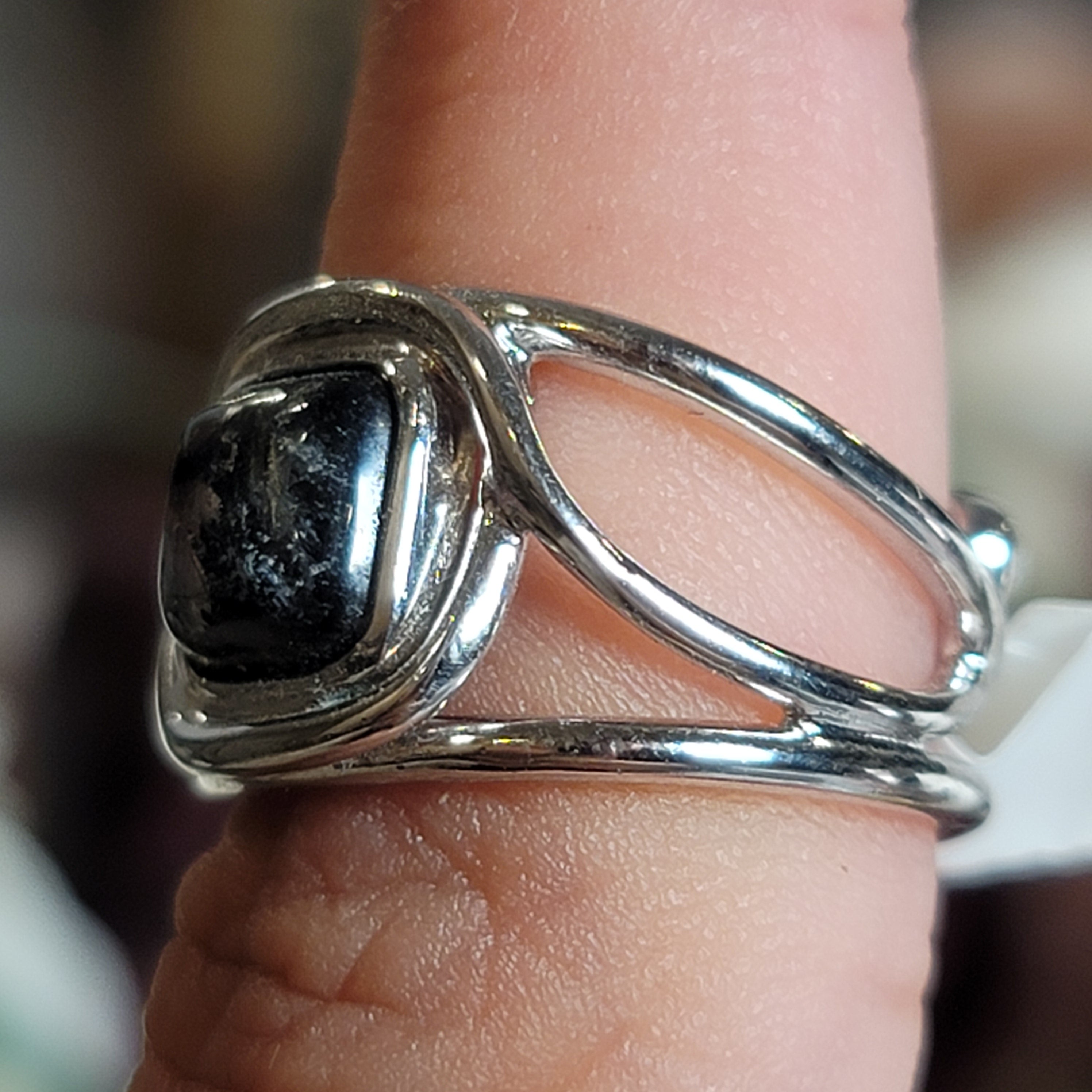 Black Tourmaline in Quartz Midi Cuff Ring .925 Sterling Silver for Powerful Protection and Aura Cleansing