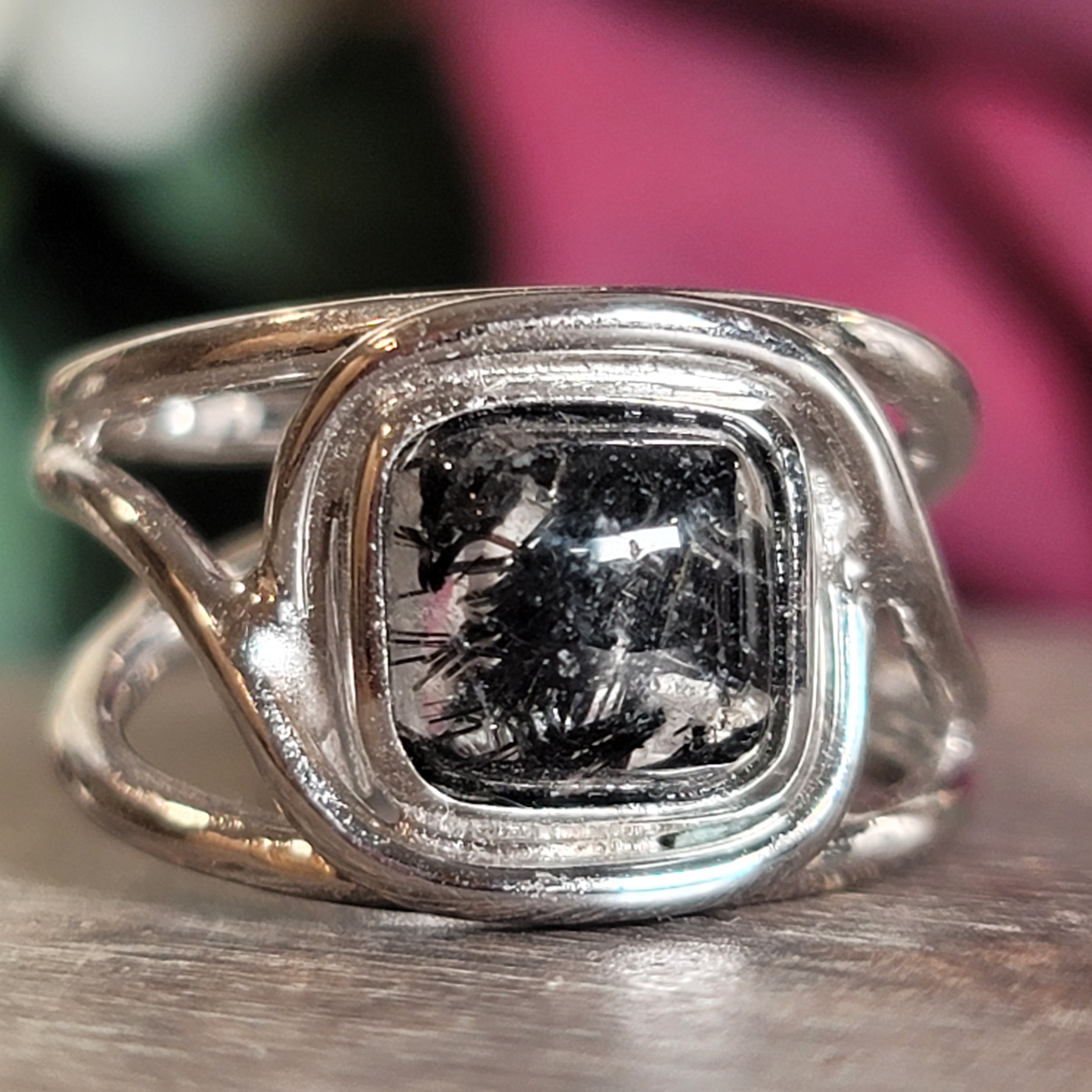 Black Tourmaline in Quartz Midi Cuff Ring .925 Sterling Silver for Powerful Protection and Aura Cleansing