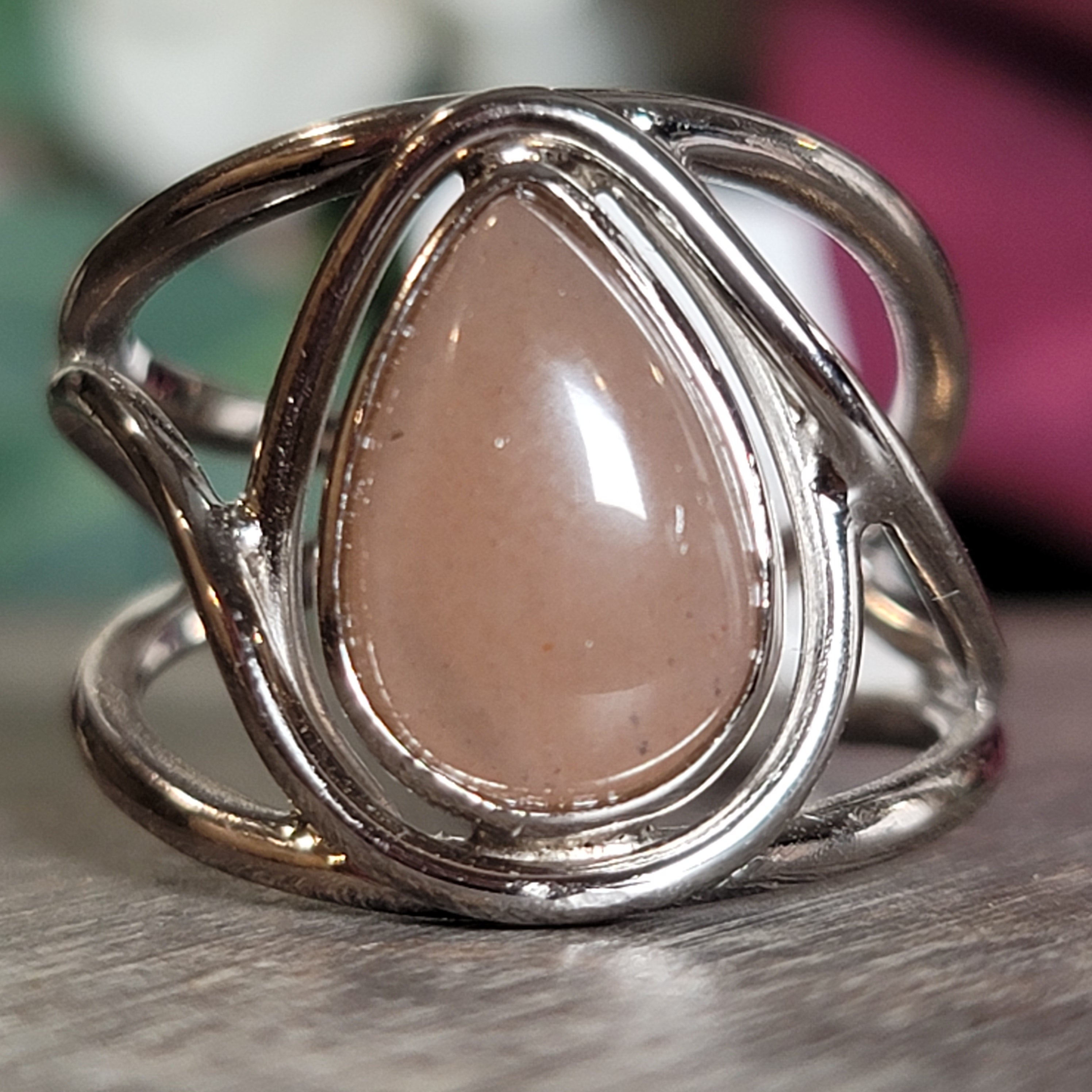 Peach Moonstone Midi Cuff Ring .925 Silver for New Beginnings, Artistic Expression, Creativity & Manifestation