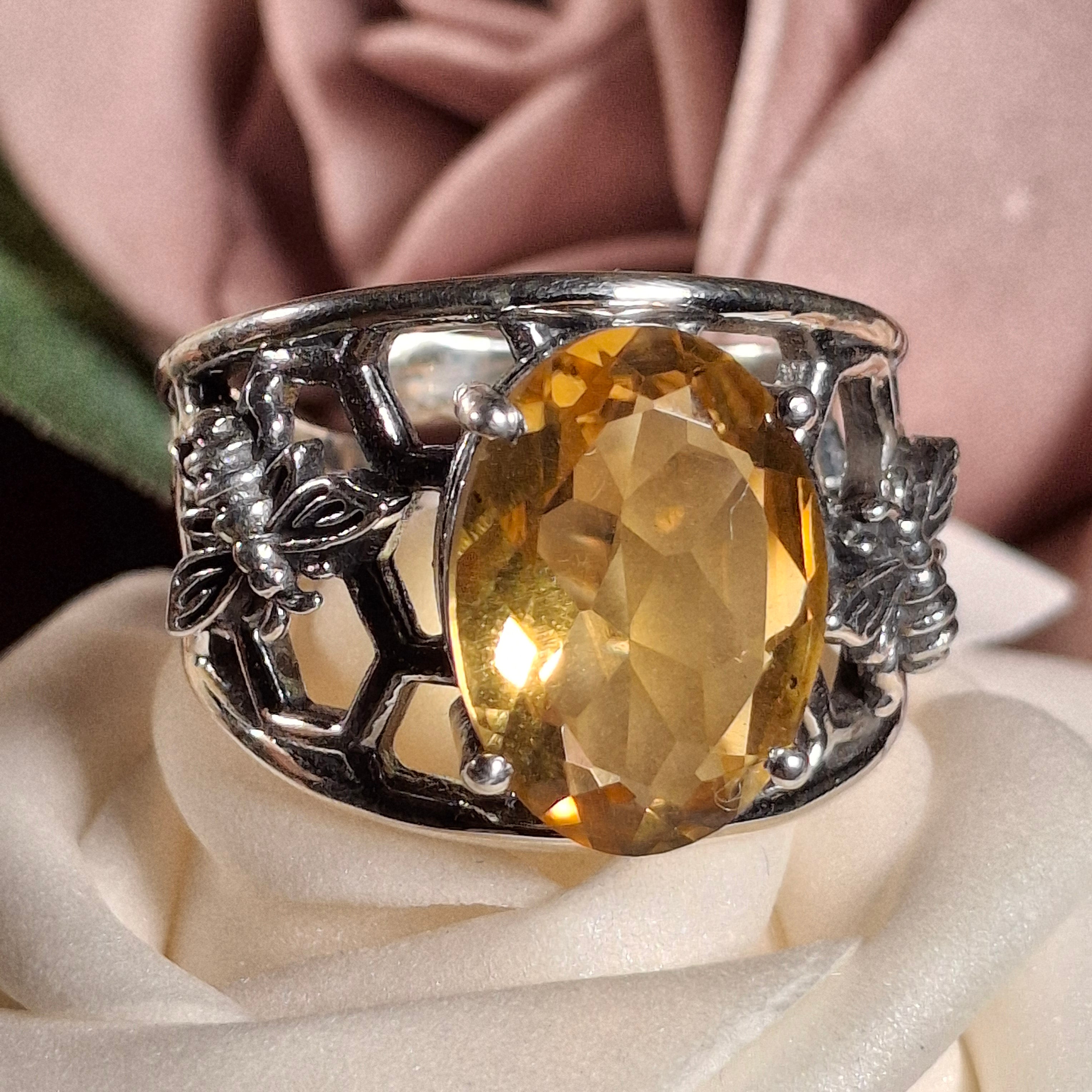 Citrine Bee Finger Cuff Ring .925 Silver for Abundance, Good Luck and Positivity