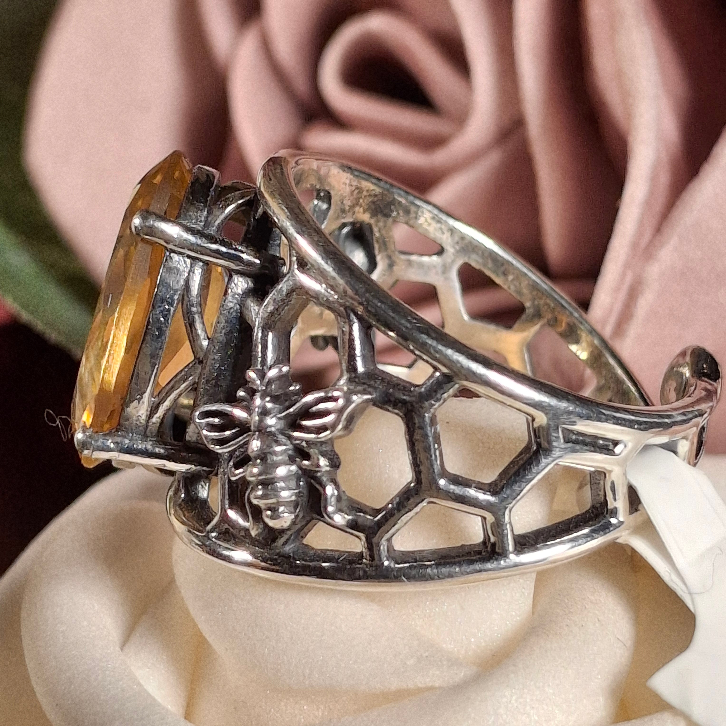 Citrine Bee Finger Cuff Ring .925 Silver for Abundance, Good Luck and Positivity