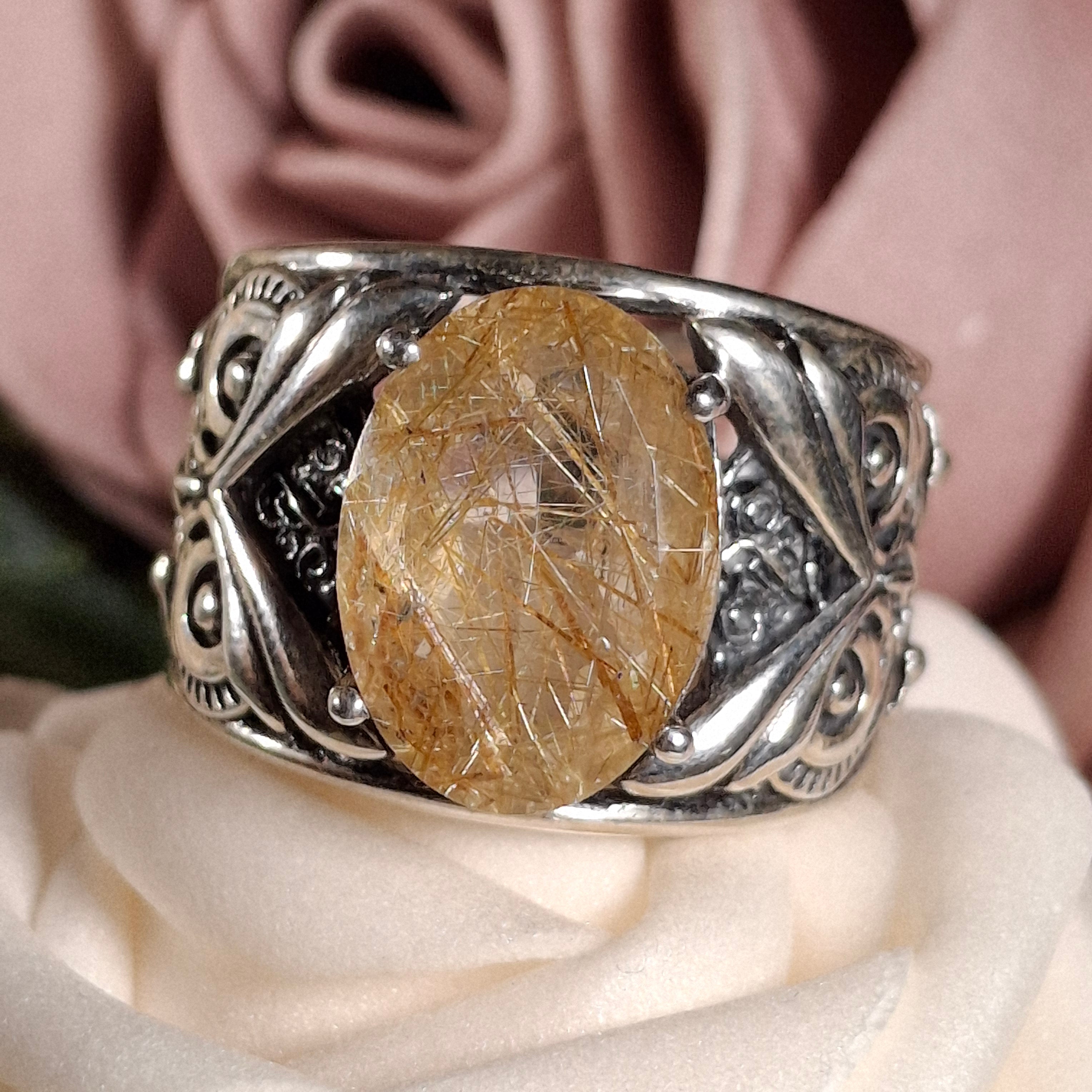 Gold Rutile Owl Finger Cuff Ring .925 Silver for Insight, Meditation & Shamanic Journey