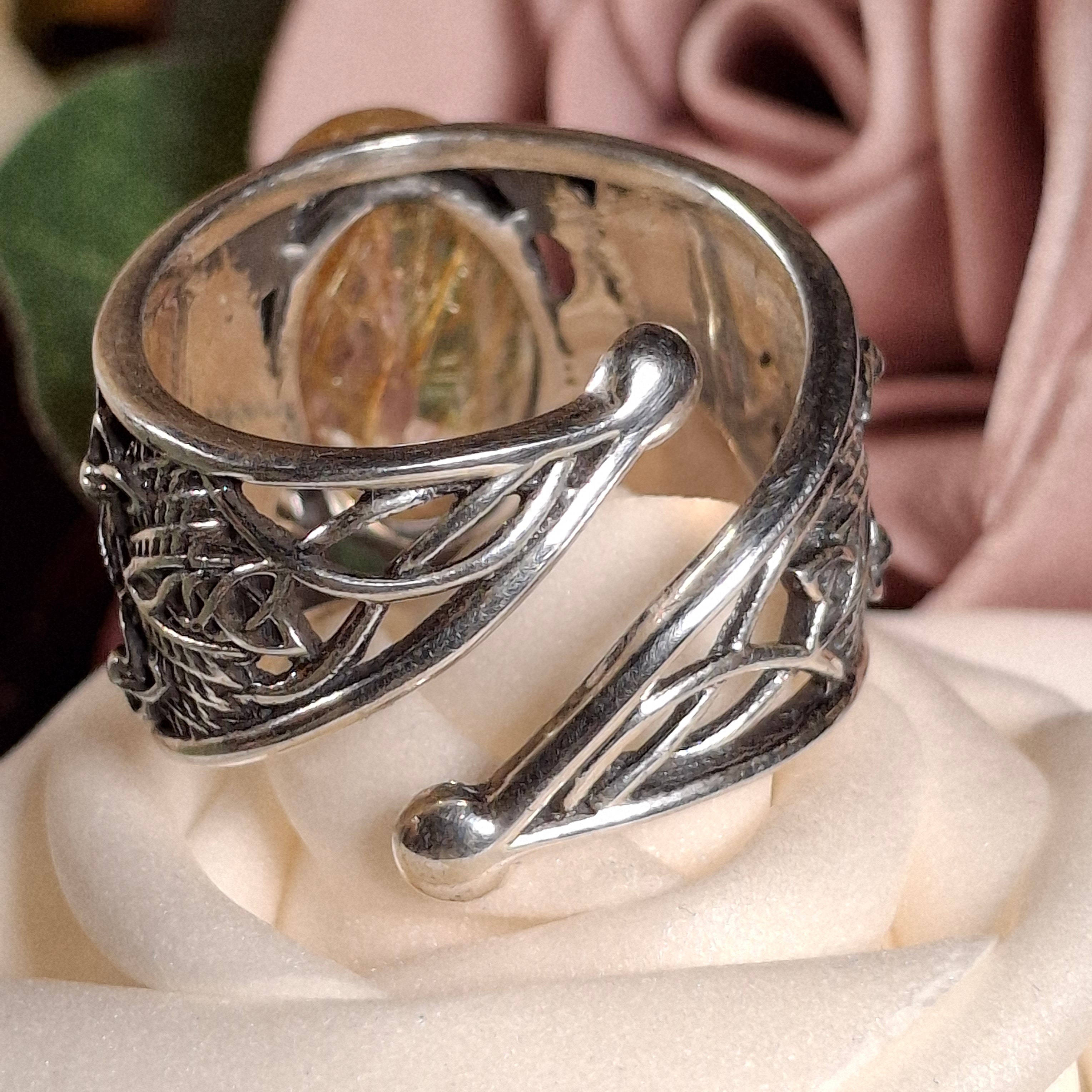 Gold Rutile Owl Finger Cuff Ring .925 Silver for Insight, Meditation & Shamanic Journey