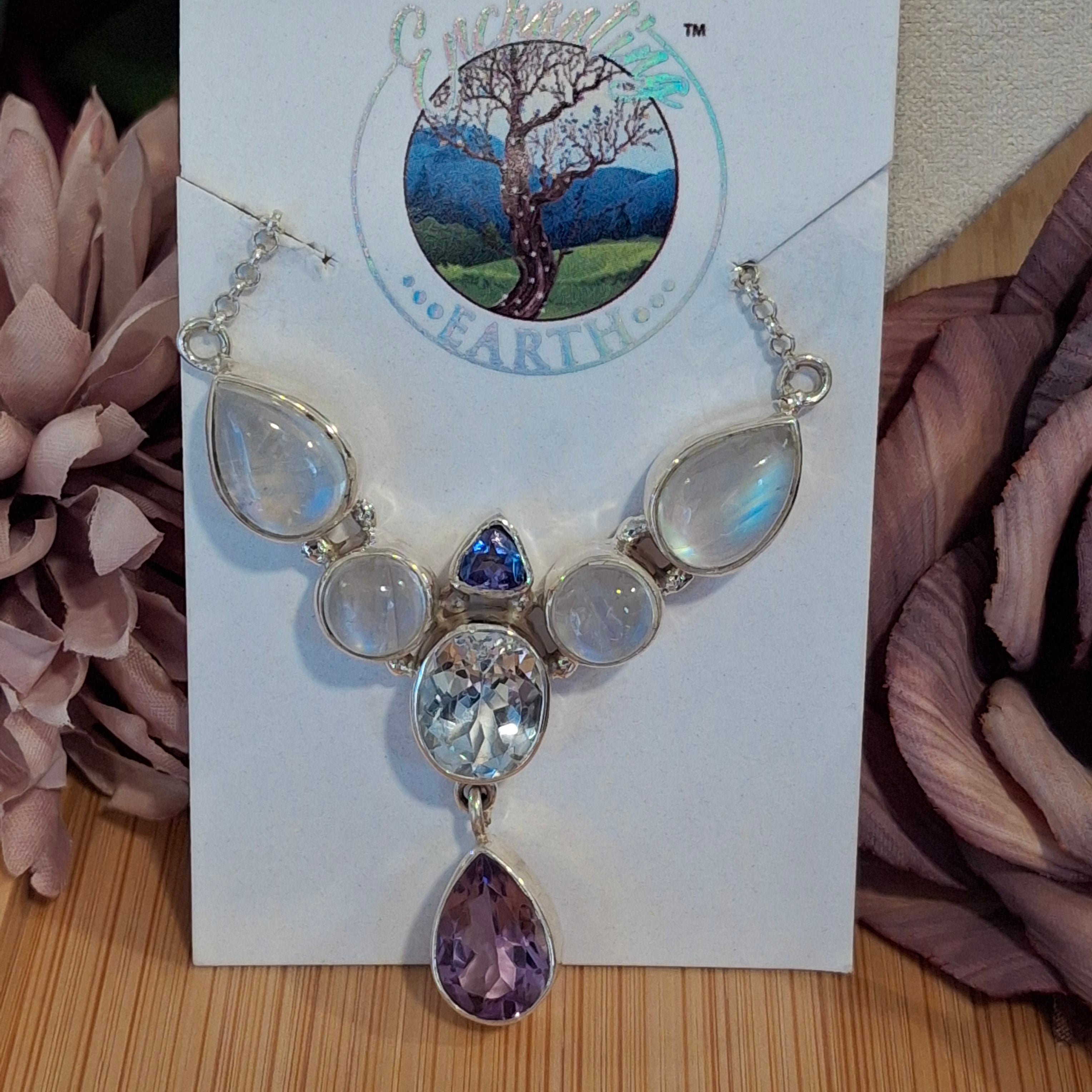 Amethyst & Rainbow Moonstone Gemstone Necklace .925 Silver for New Beginnings & Divine Feminine