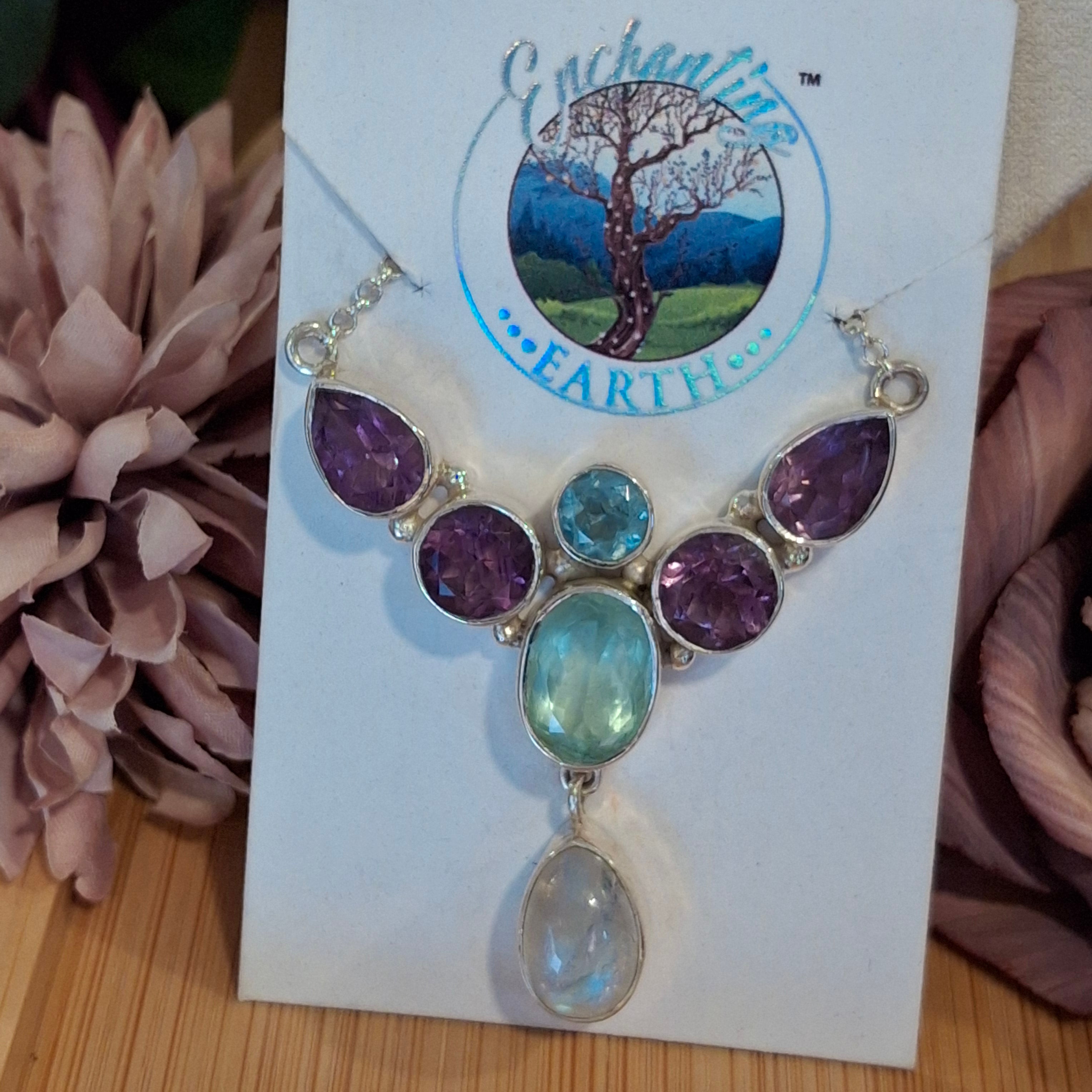 Amethyst & Rainbow Moonstone Gemstone Necklace .925 Silver for New Beginnings & Divine Feminine