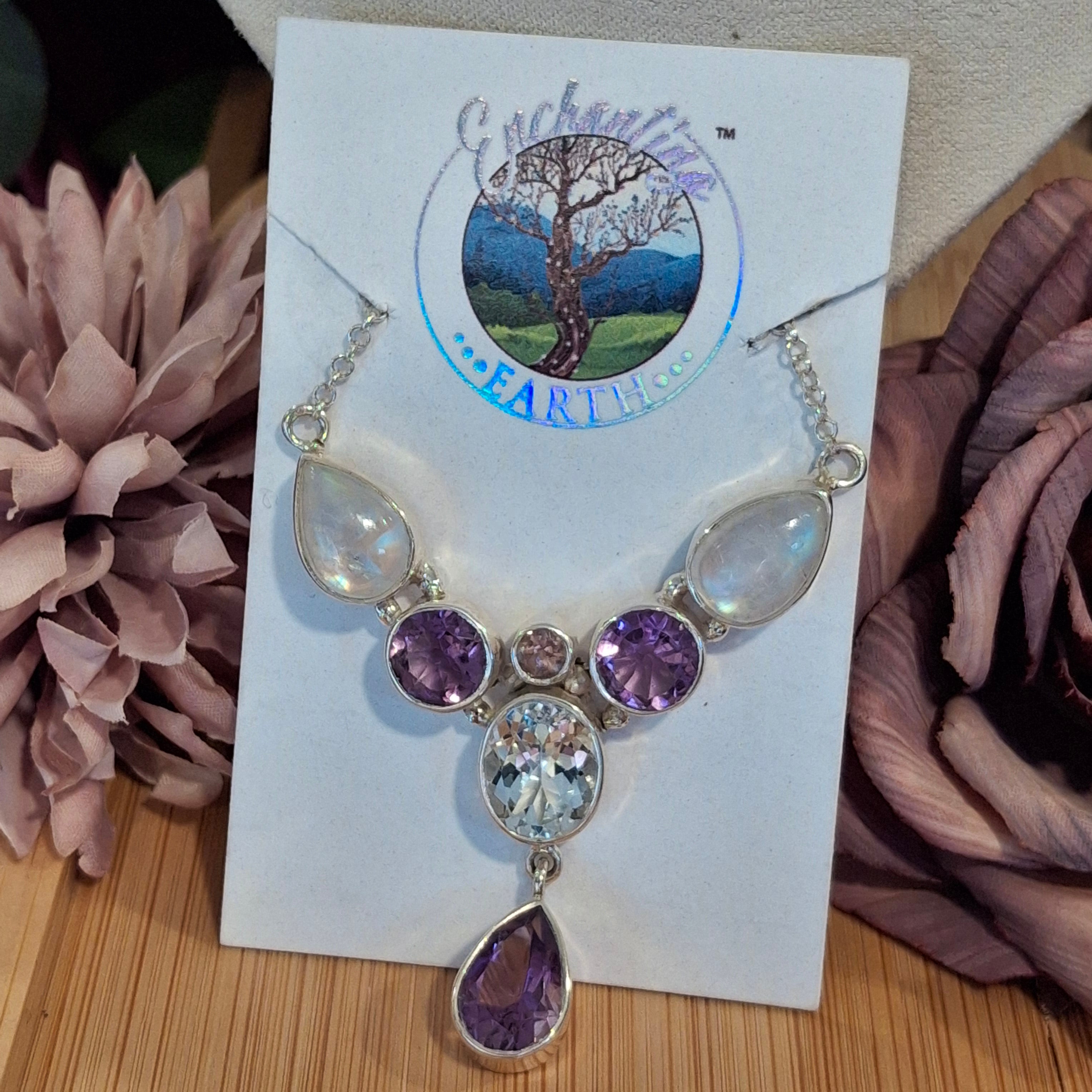 Amethyst & Rainbow Moonstone Gemstone Necklace .925 Silver for New Beginnings & Divine Feminine