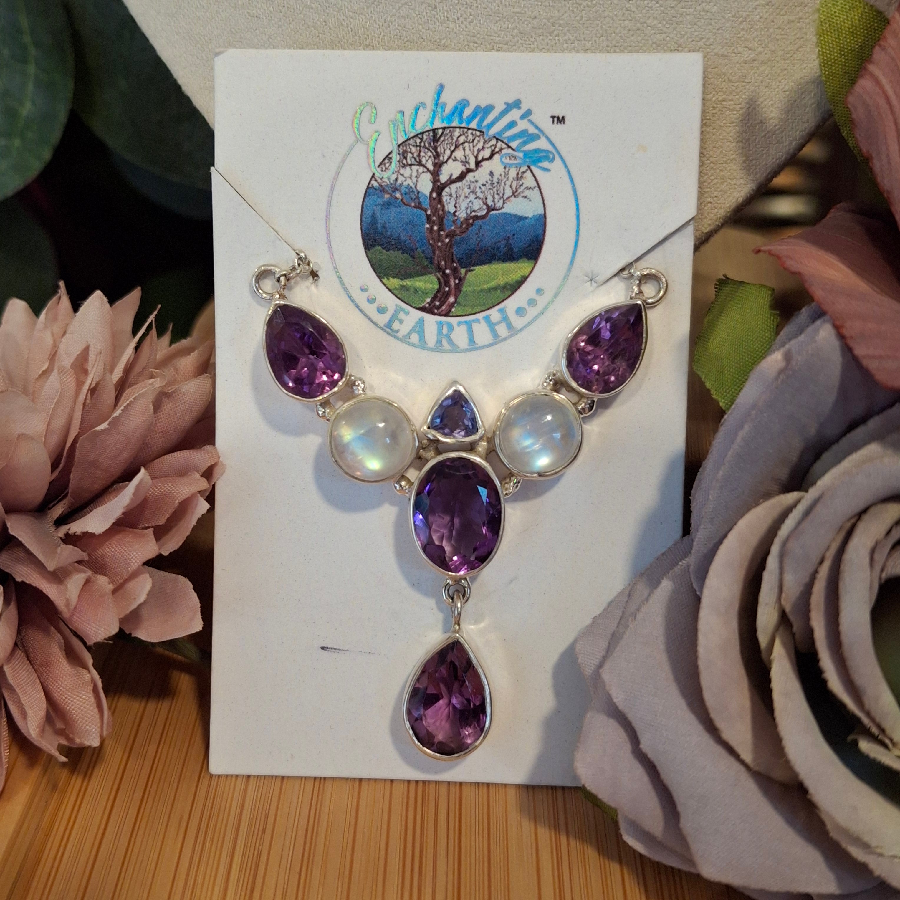 Amethyst & Rainbow Moonstone Gemstone Necklace .925 Silver for New Beginnings & Divine Feminine