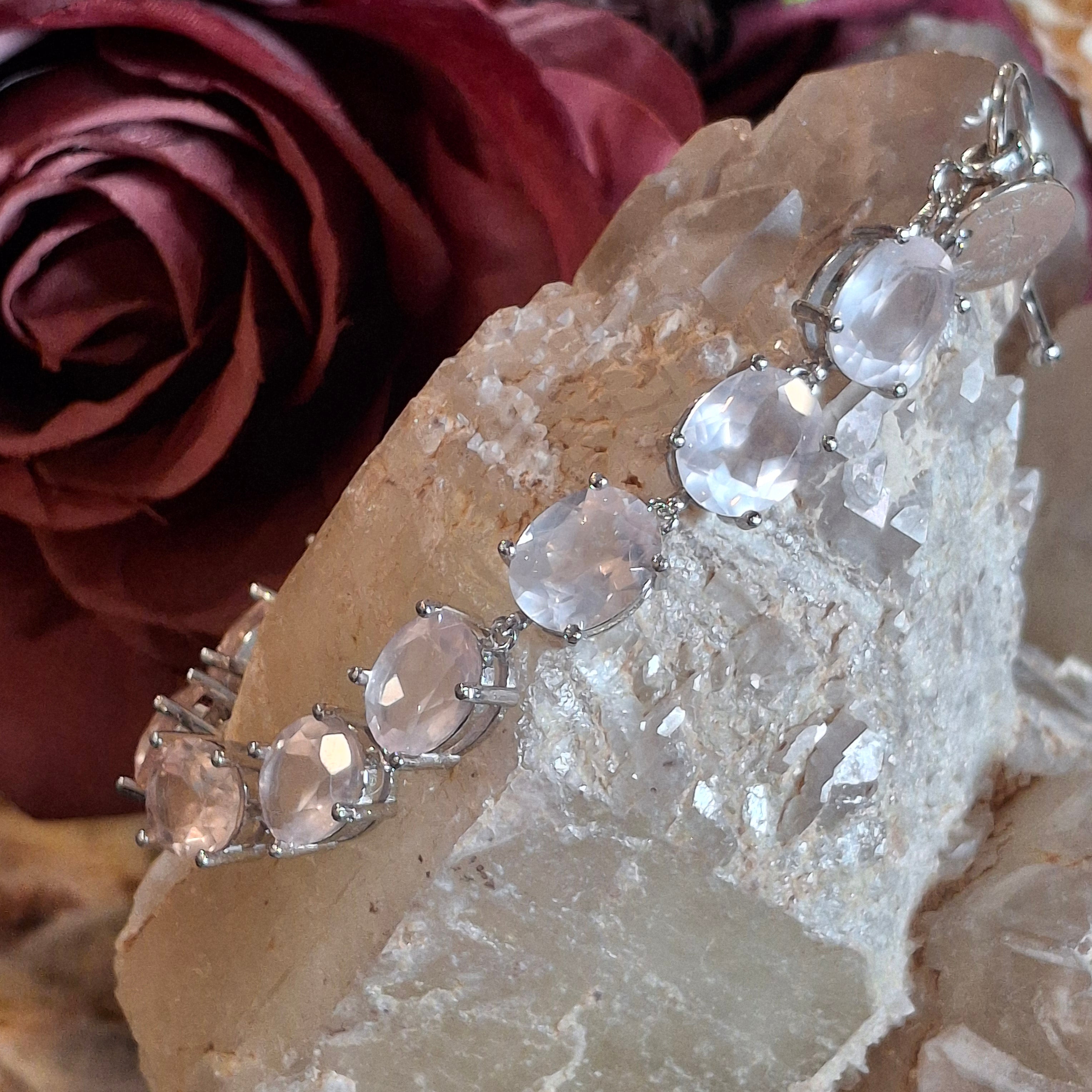 Enchanting Gems Rose Quartz Faceted Bracelet .925 Silver for Compassion, Love and Healing