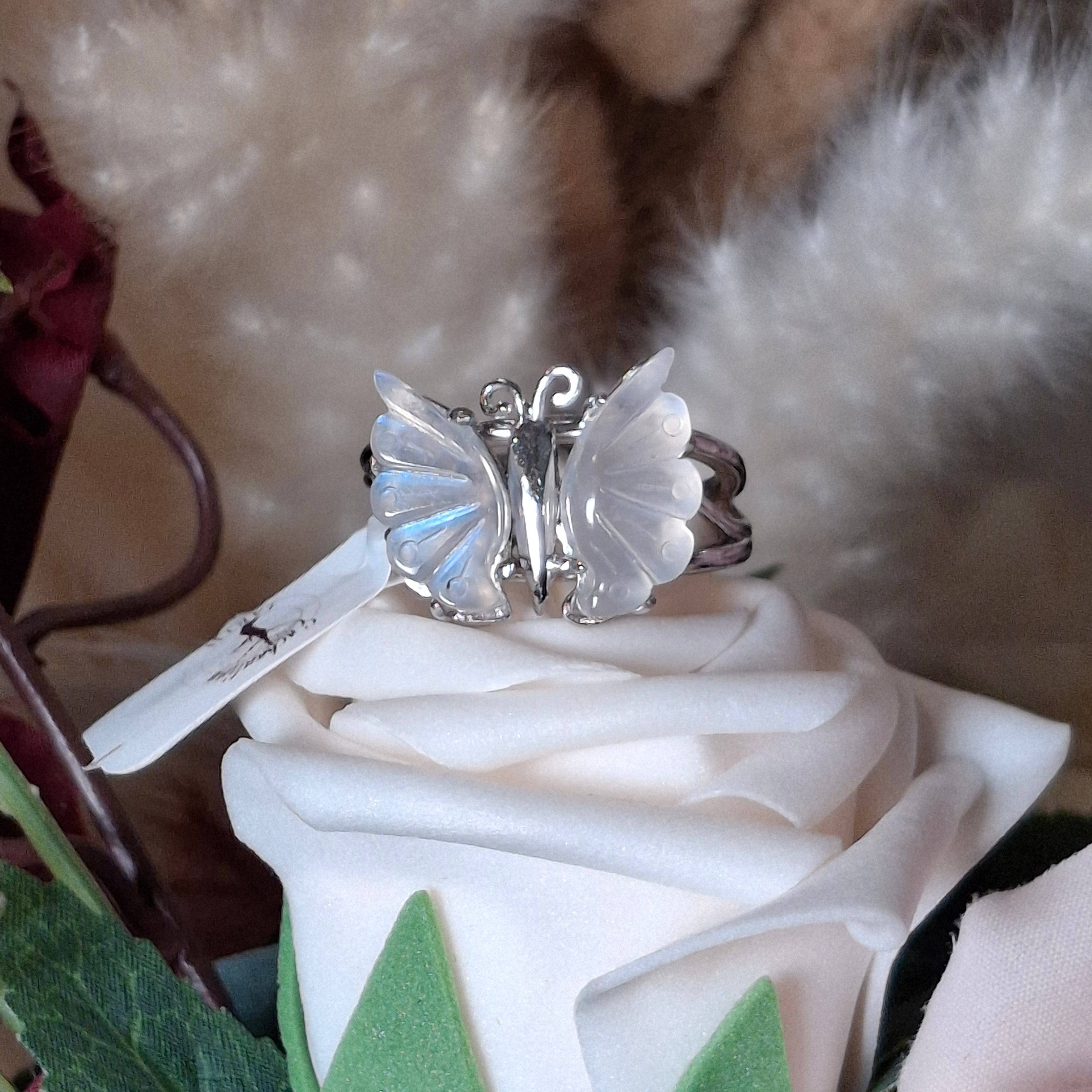 Rainbow Moonstone Butterfly Cuff Ring .925 Silver for New Beginnings, Protection and Manifestation