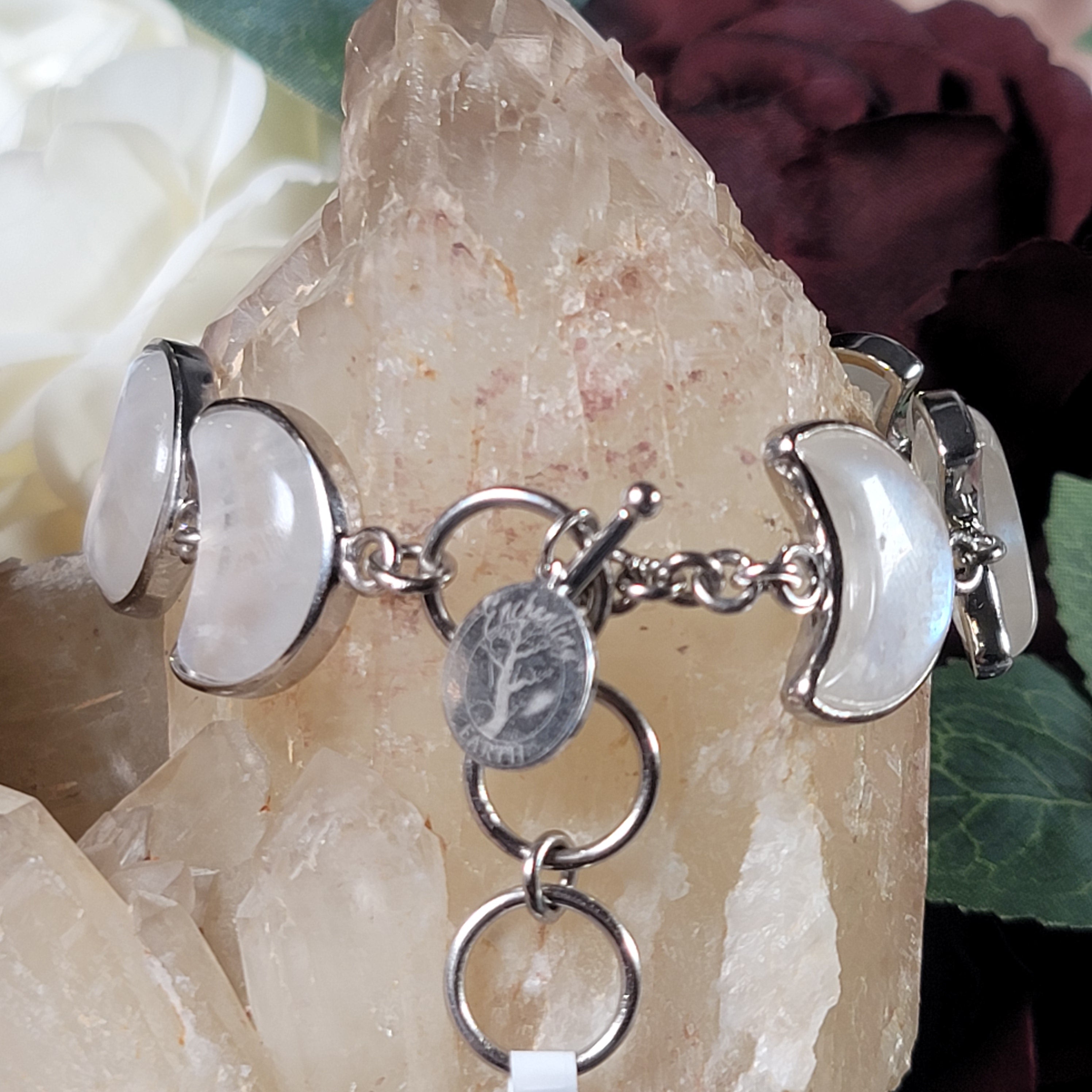 Rainbow Moonstone Crescent Moon Bracelet .925 Silver for New Beginnings