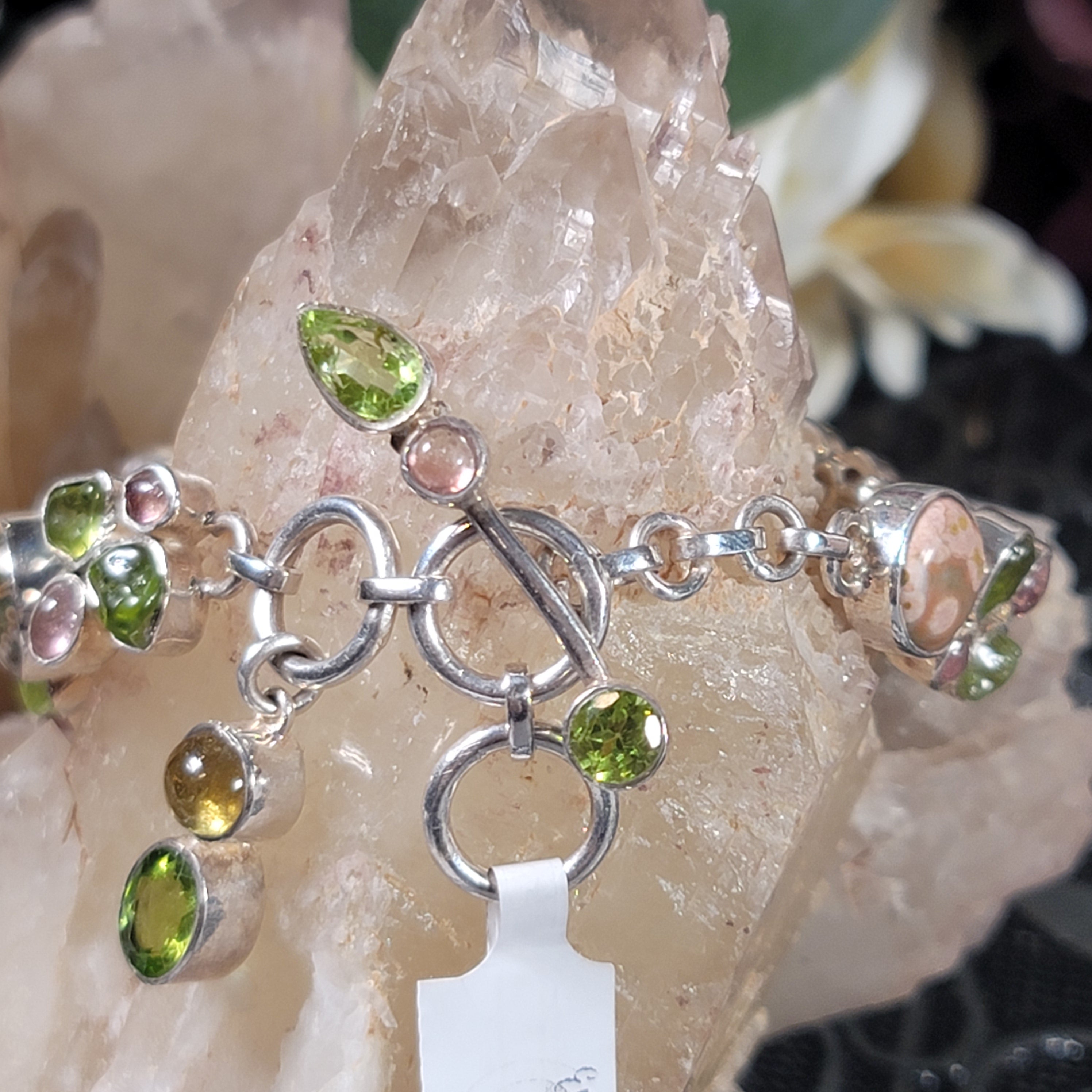 Orbicular Jasper with Peridot & Tourmaline Bracelet .925 Silver for Joy and Peace, Success, and Relaxation