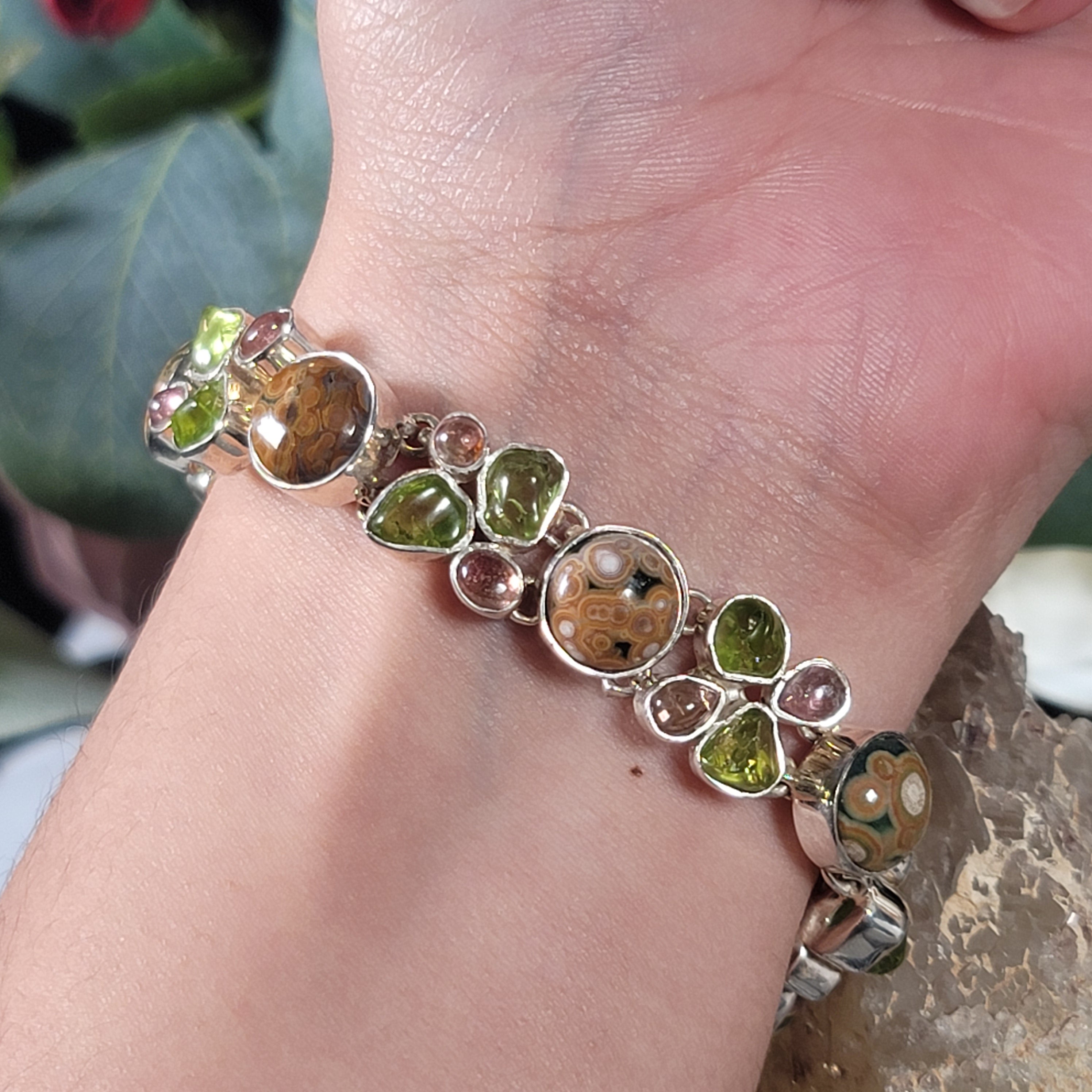 Orbicular Jasper with Peridot & Tourmaline Bracelet .925 Silver for Joy and Peace, Success, and Relaxation