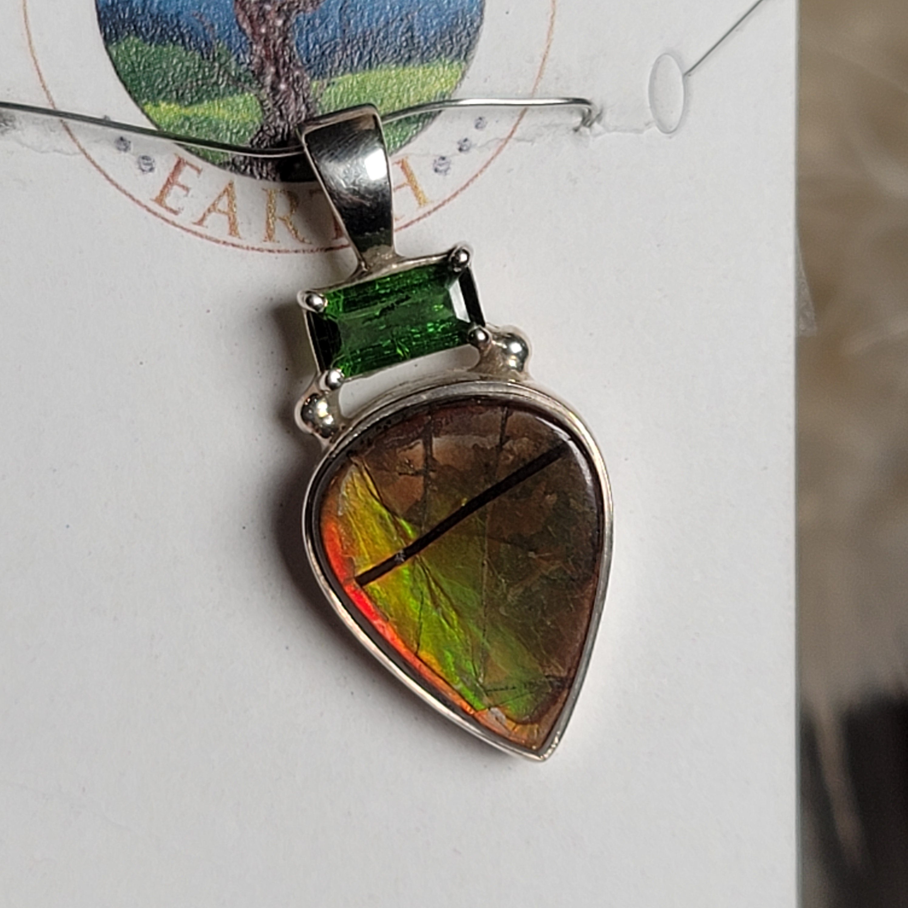 Ammolite x Green Tourmaline Necklace .925 Silver for Good Luck, Prosperity and Protection