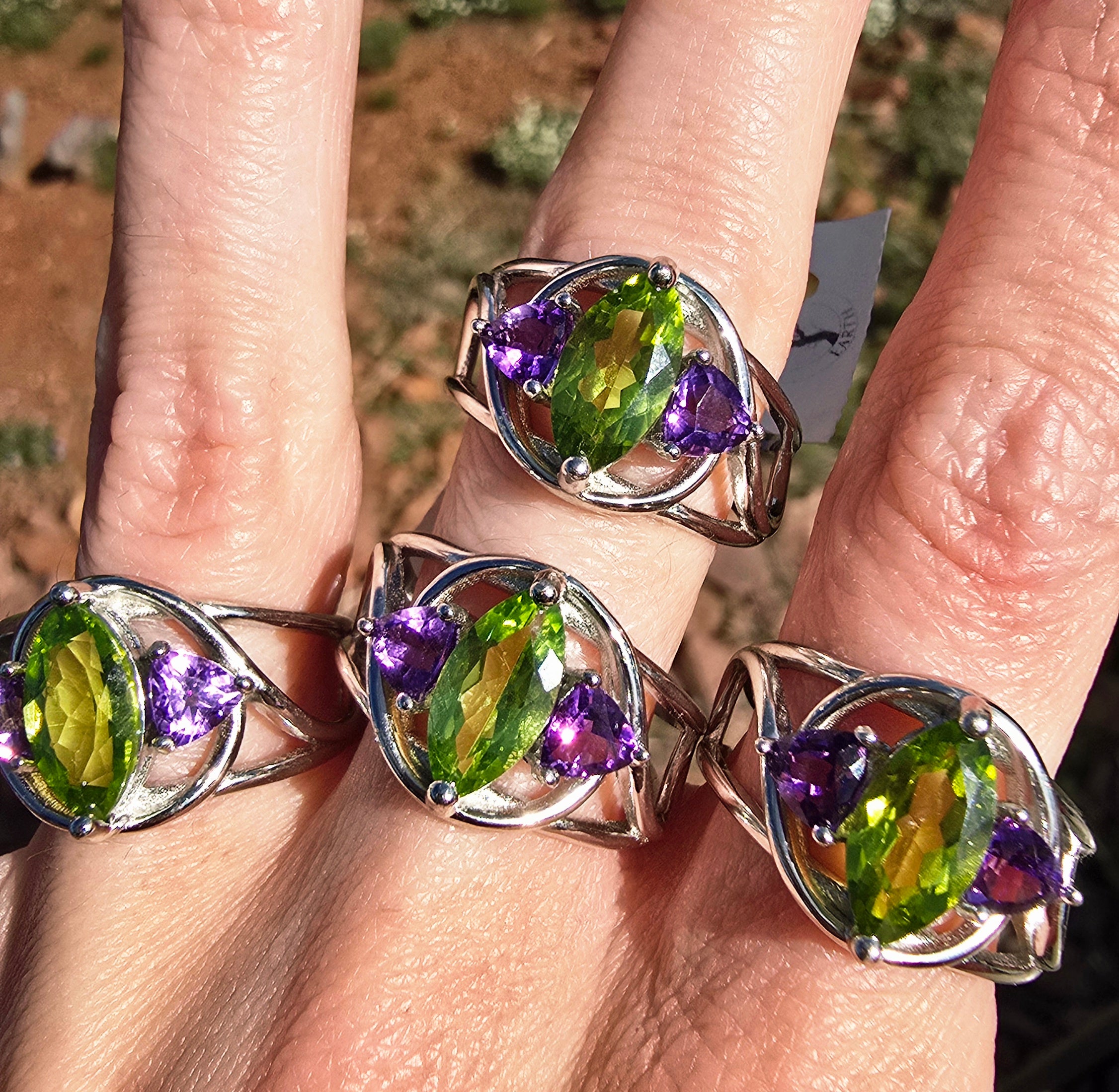 Peridot & Amethyst Marquis Cuff Ring .925 Silver for Intuivitely Manifesting Abundance