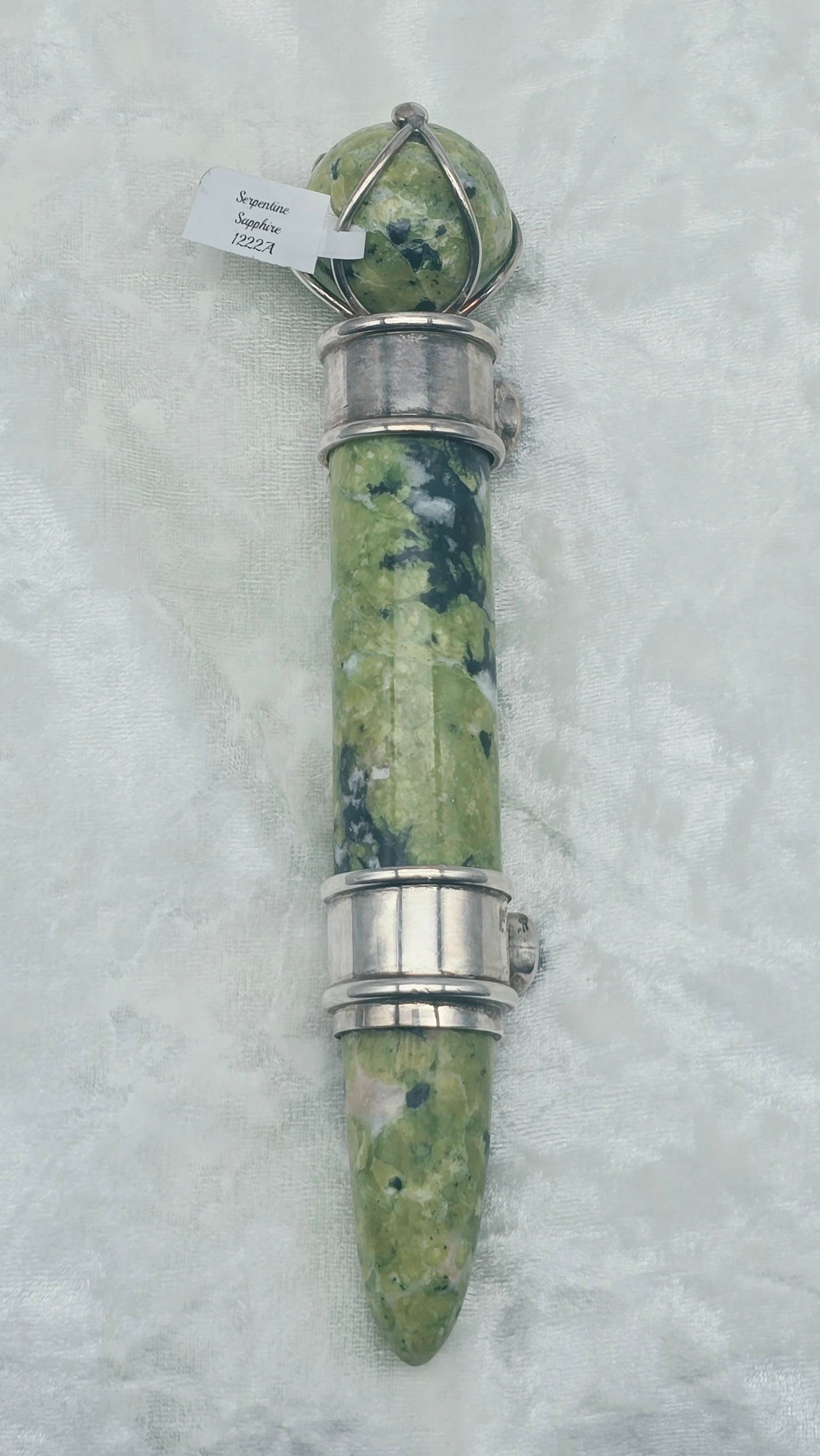 One of a Kind Magic Wand ~ Serpentine with Sapphire Gemstones for Transformation, Rapid Expansion and Manifestation