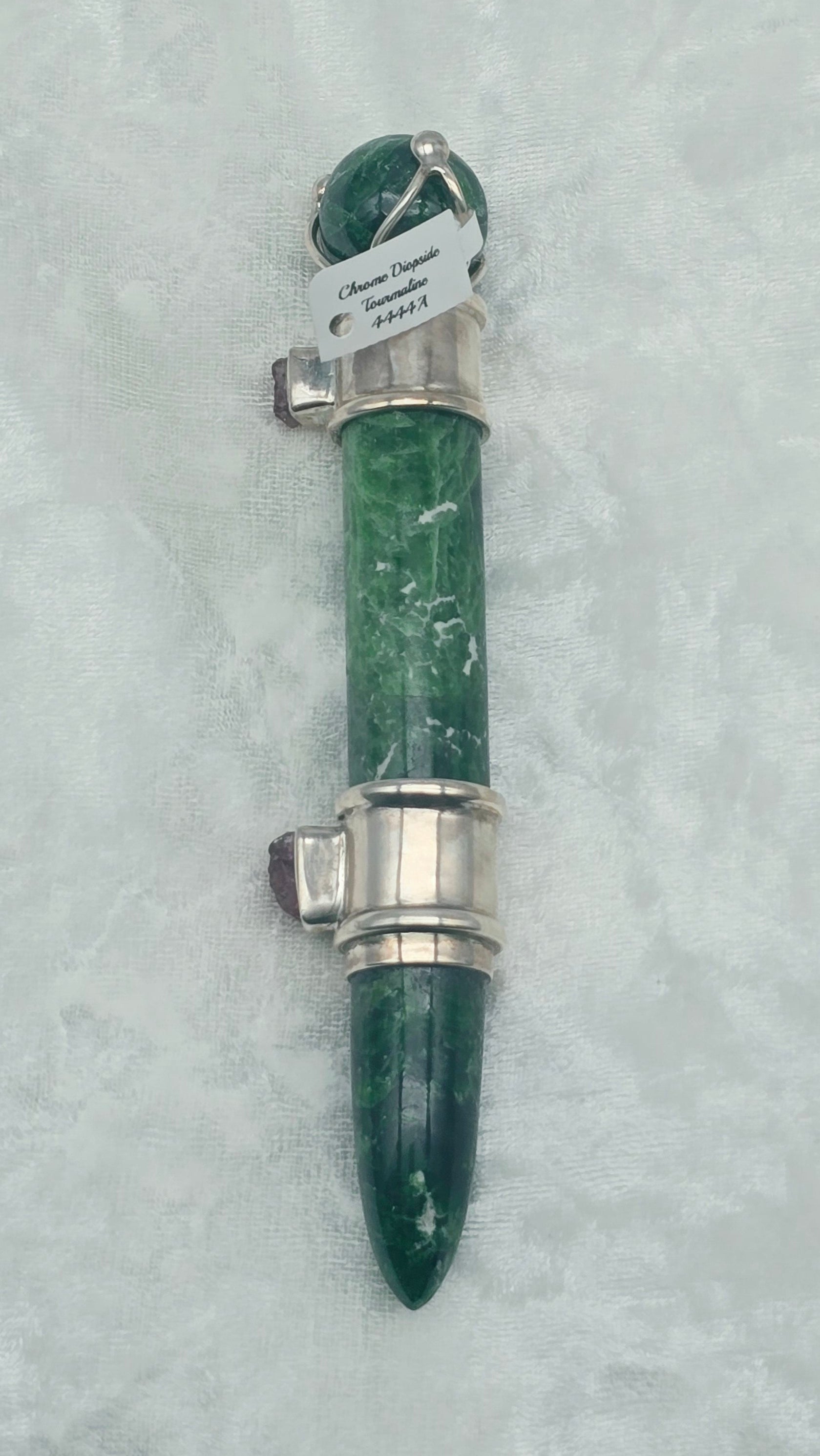 One of a Kind Magic Wand ~ Chrome Diopside with Pink Tourmaline Gemstones for Abundance, Growth, Healing and Manifesting
