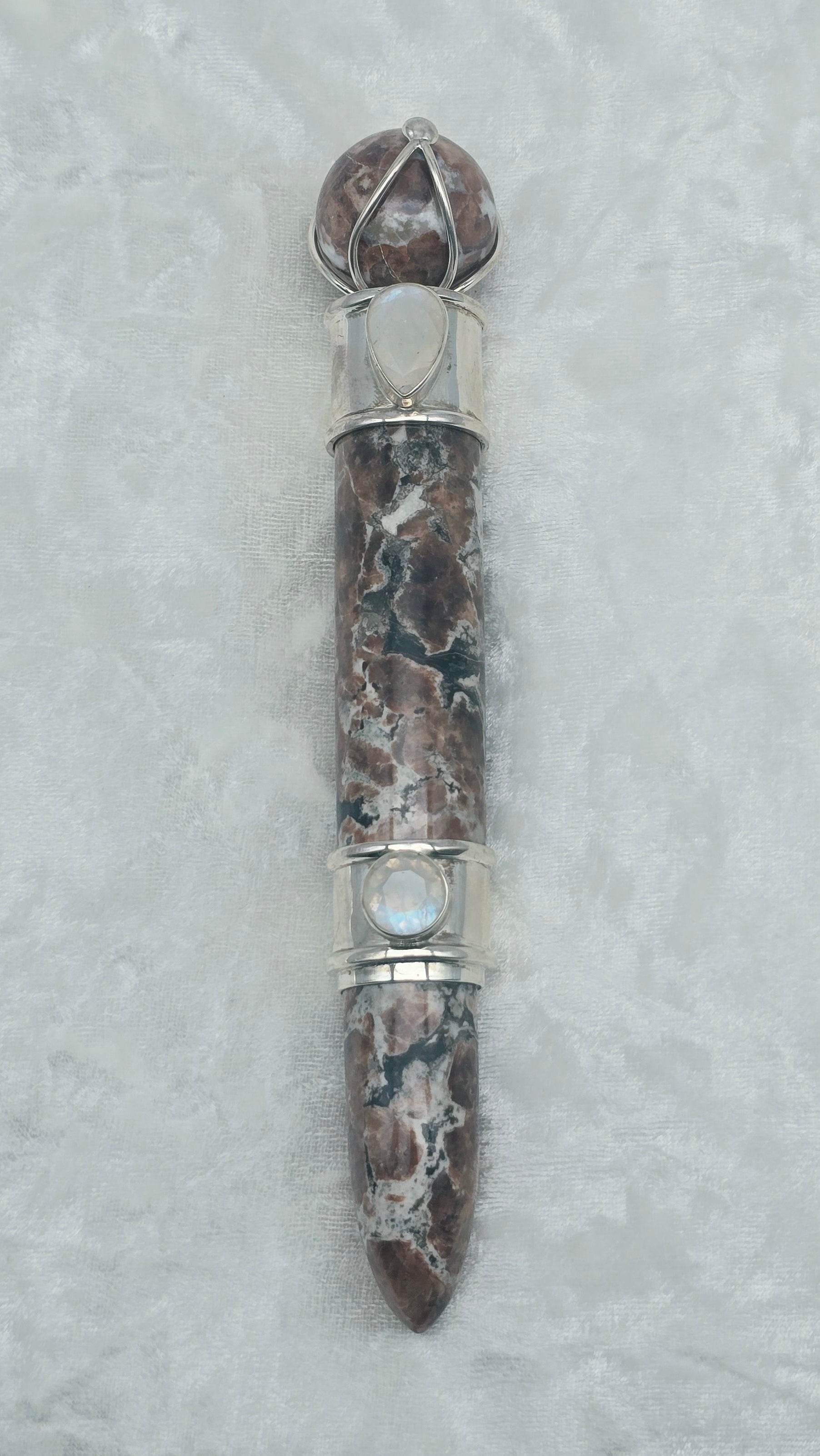 One of a Kind Magic Wand ~ Garnet in Wollastonite with Moonstone Gemstones for Transformation, Grounding and Manifesting Abundance