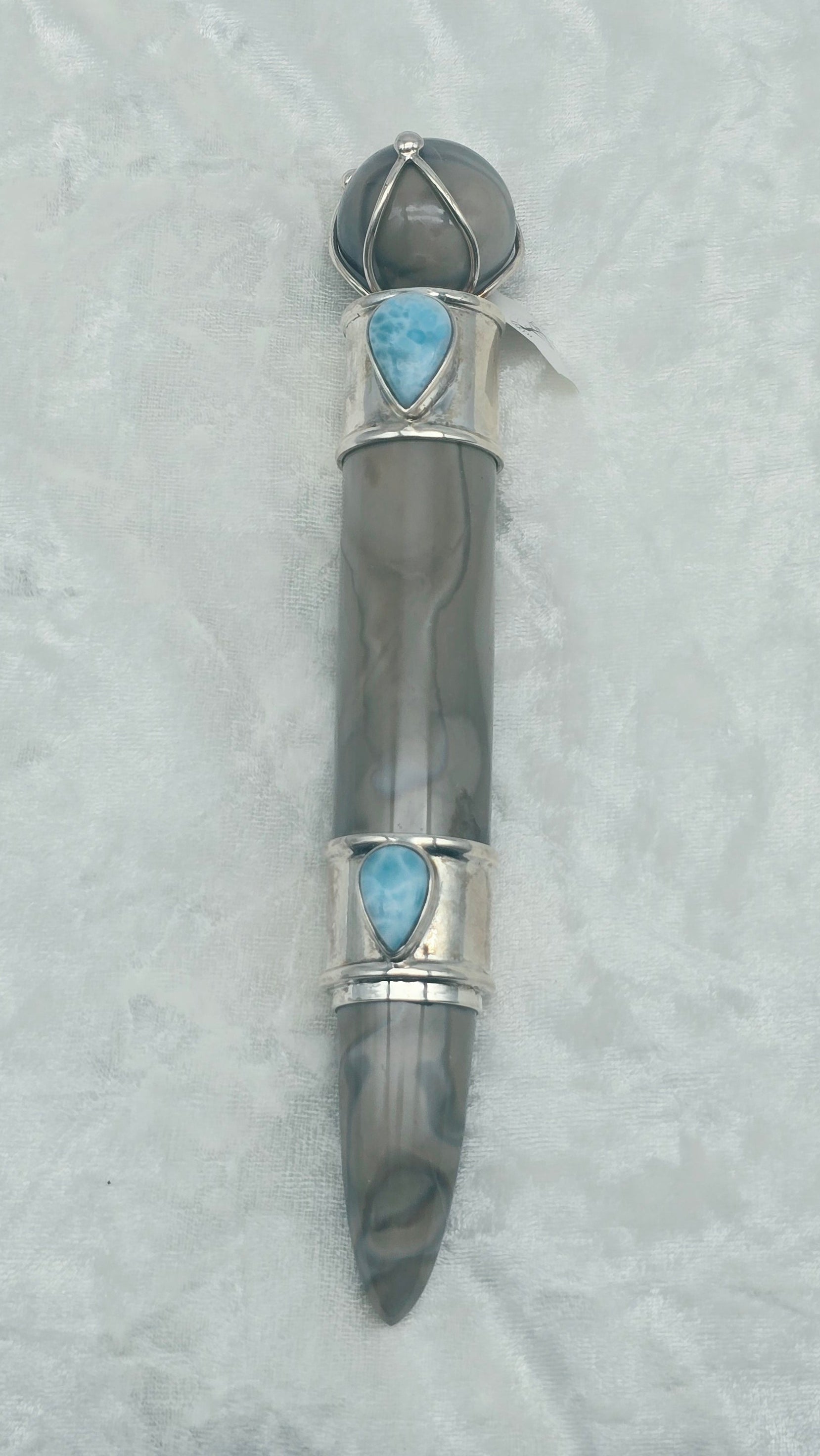One of a Kind Magic Wand ~ Polish Flint with Larimar Gemstones for Optimism, Grounding and Meditation