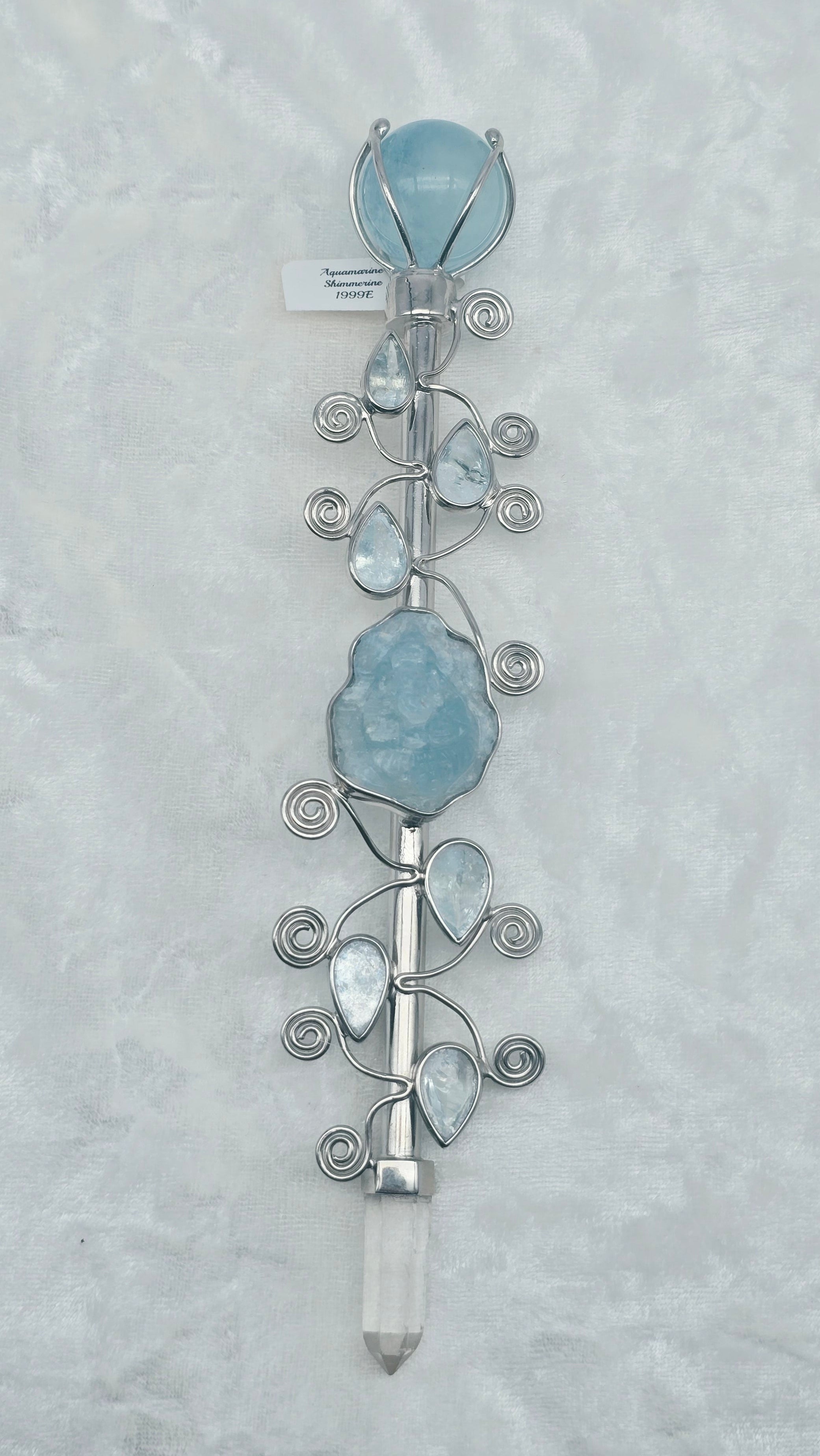 One of a Kind Magic Wand ~ Shimmerine Wand with Aquamarine Carved Ganesha and Quartz Point for Intuitive Communication and Receiving Guidance