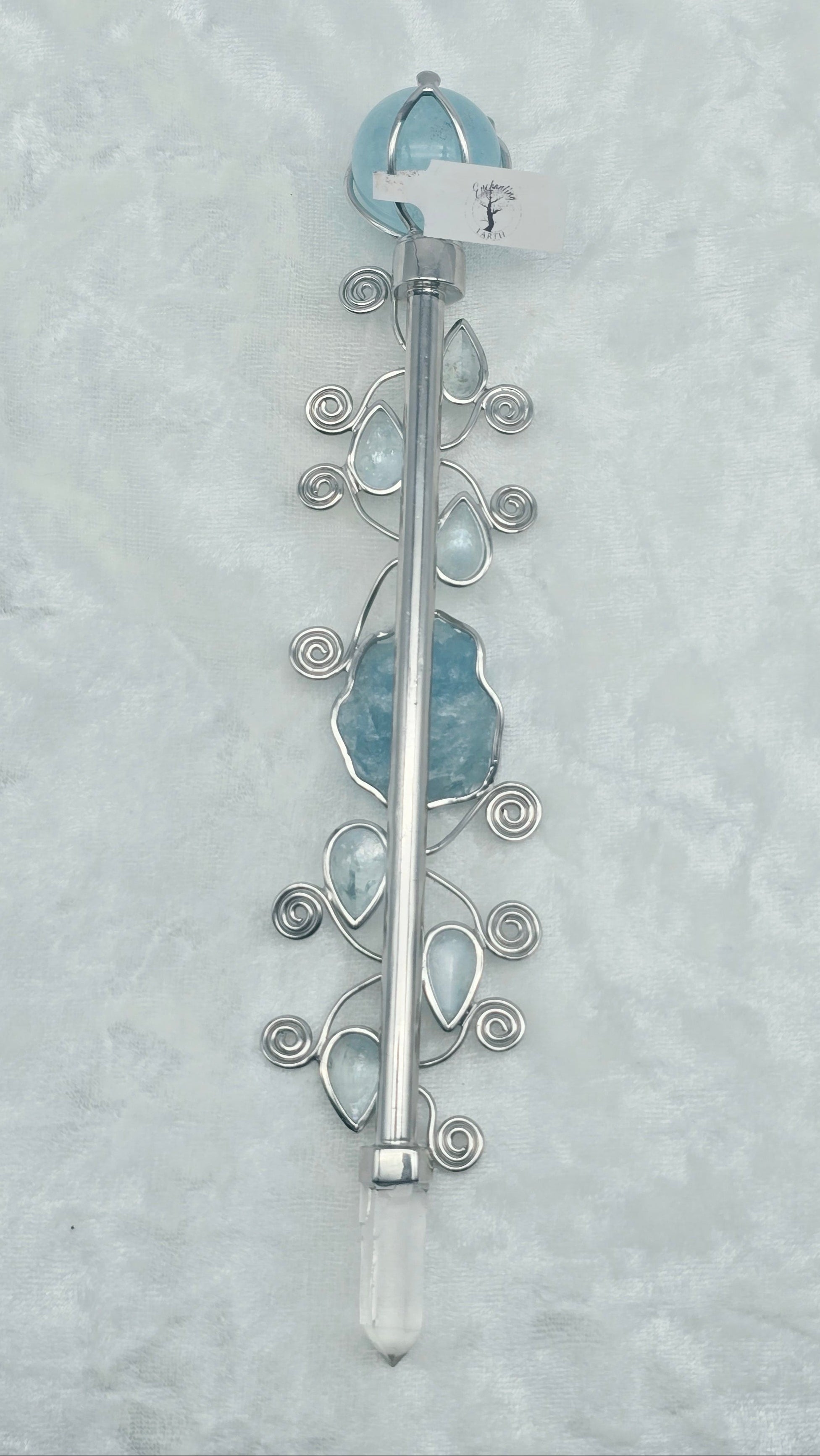 One of a Kind Magic Wand ~ Shimmerine Wand with Aquamarine Carved Ganesha and Quartz Point for Intuitive Communication and Receiving Guidance